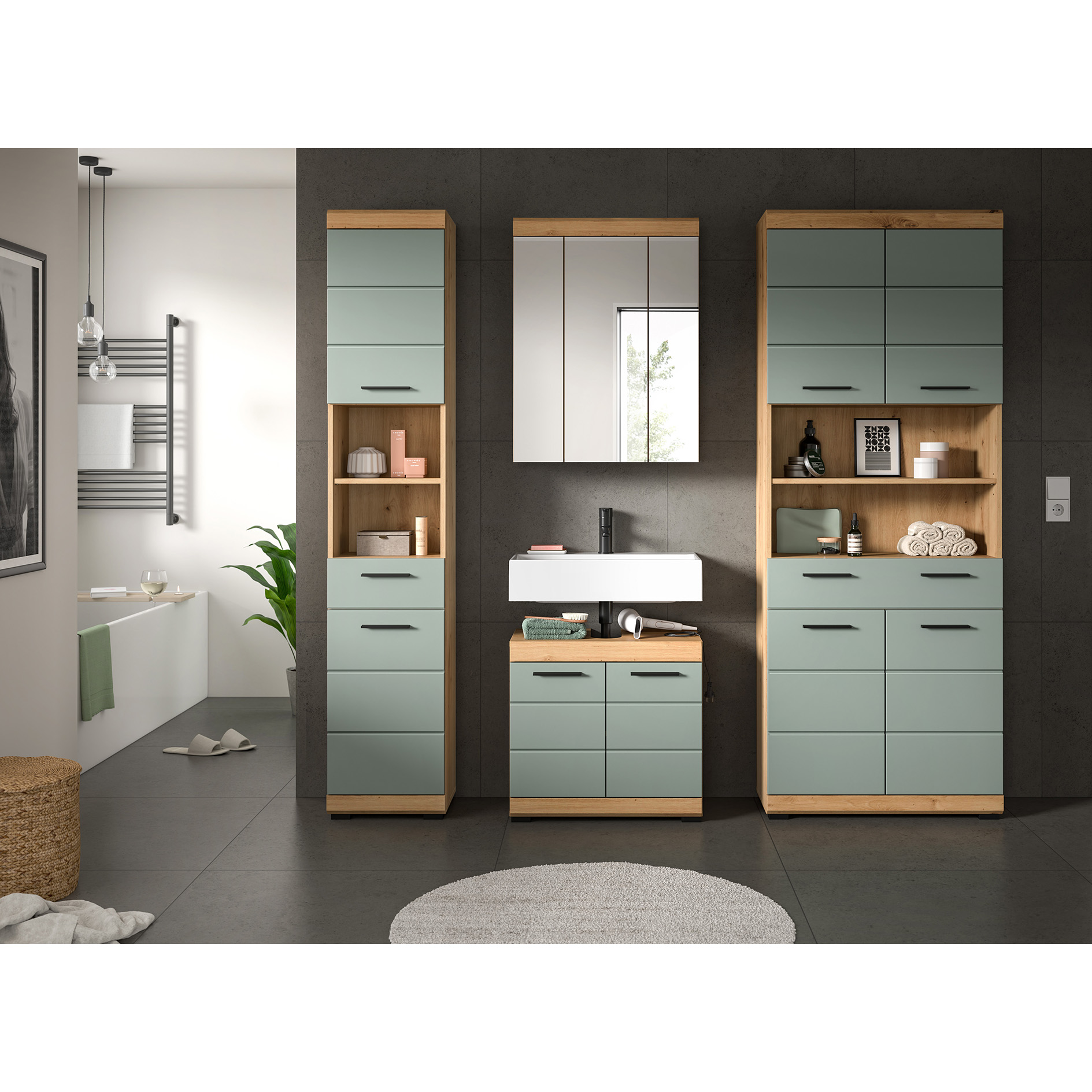 4-teilige Badkombination SCOUT - Salbei - Artisan Eiche - Spiegelschrank - 186 cm