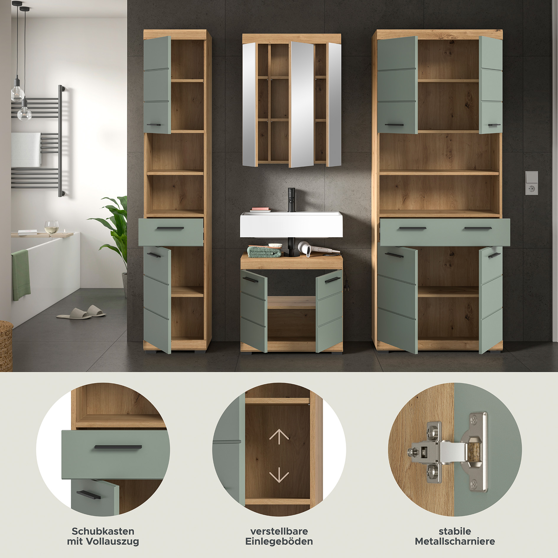 4-teilige Badkombination SCOUT - Salbei - Artisan Eiche - Spiegelschrank - 186 cm
