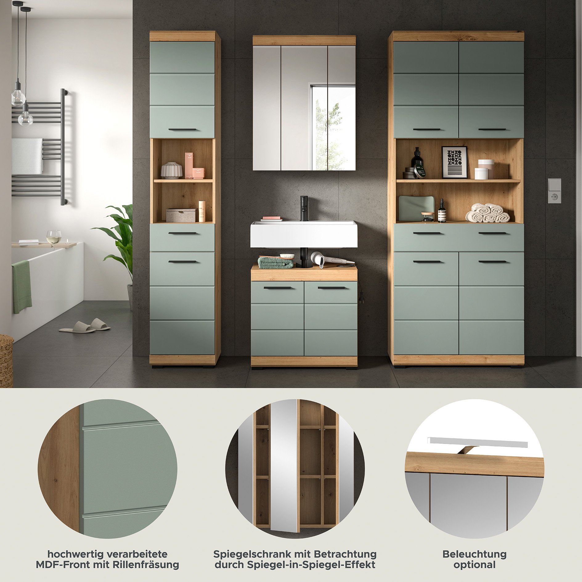4-teilige Badkombination SCOUT - Salbei - Artisan Eiche - Spiegelschrank - 186 cm
