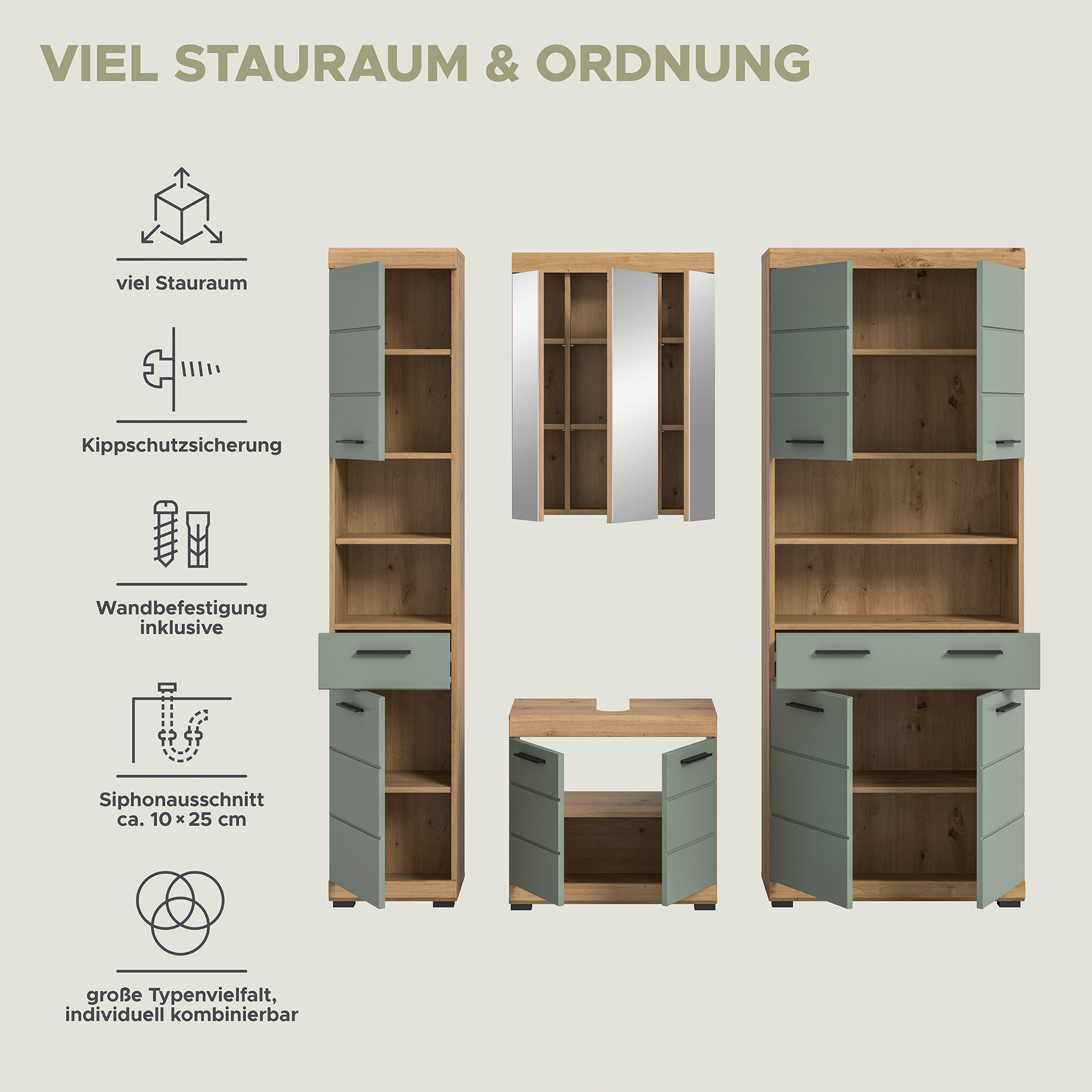 4-teilige Badkombination SCOUT - Salbei - Artisan Eiche - Spiegelschrank - 186 cm