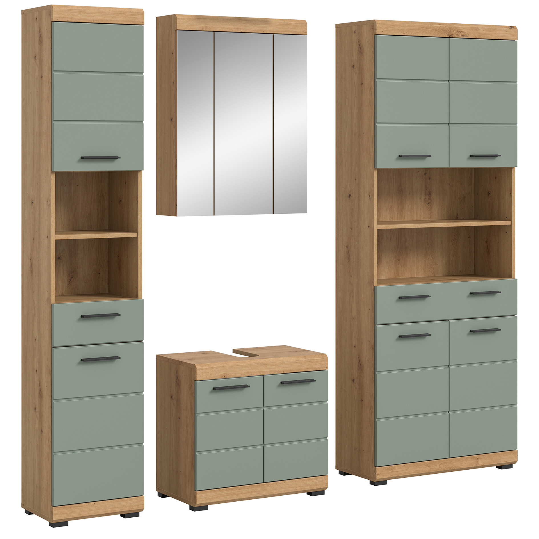4-teilige Badkombination SCOUT - Salbei - Artisan Eiche - Spiegelschrank - 186 cm