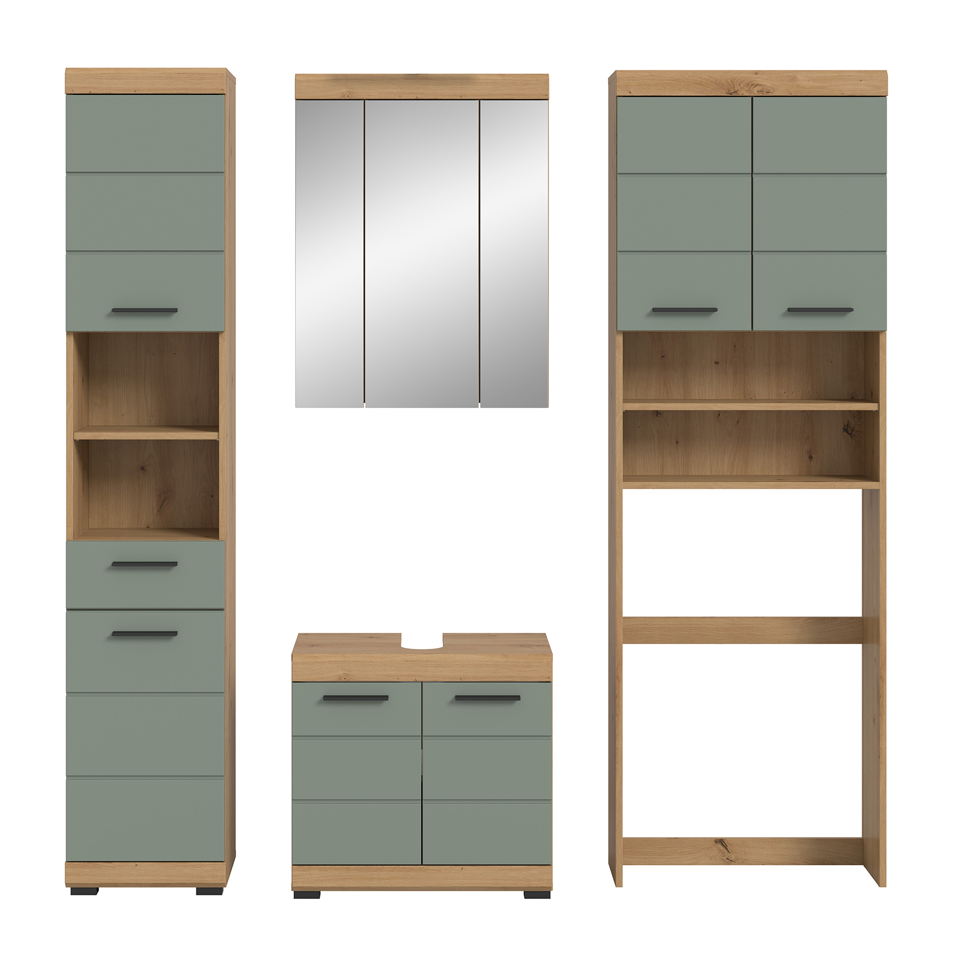 4-teilige Badkombination SCOUT - Salbei - Artisan Eiche - Spiegelschrank - 190 cm