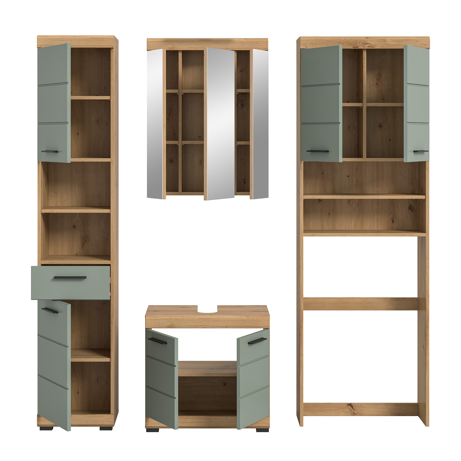4-teilige Badkombination SCOUT - Salbei - Artisan Eiche - Spiegelschrank - 190 cm