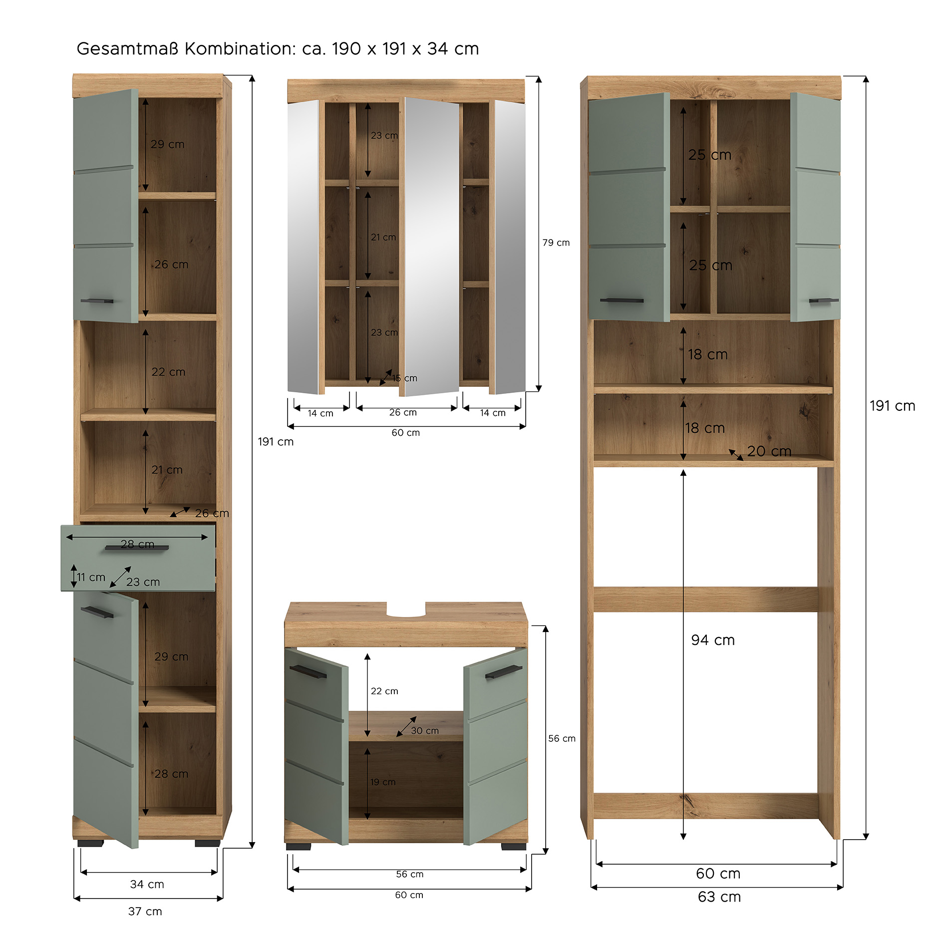 4-teilige Badkombination SCOUT - Salbei - Artisan Eiche - Spiegelschrank - 190 cm