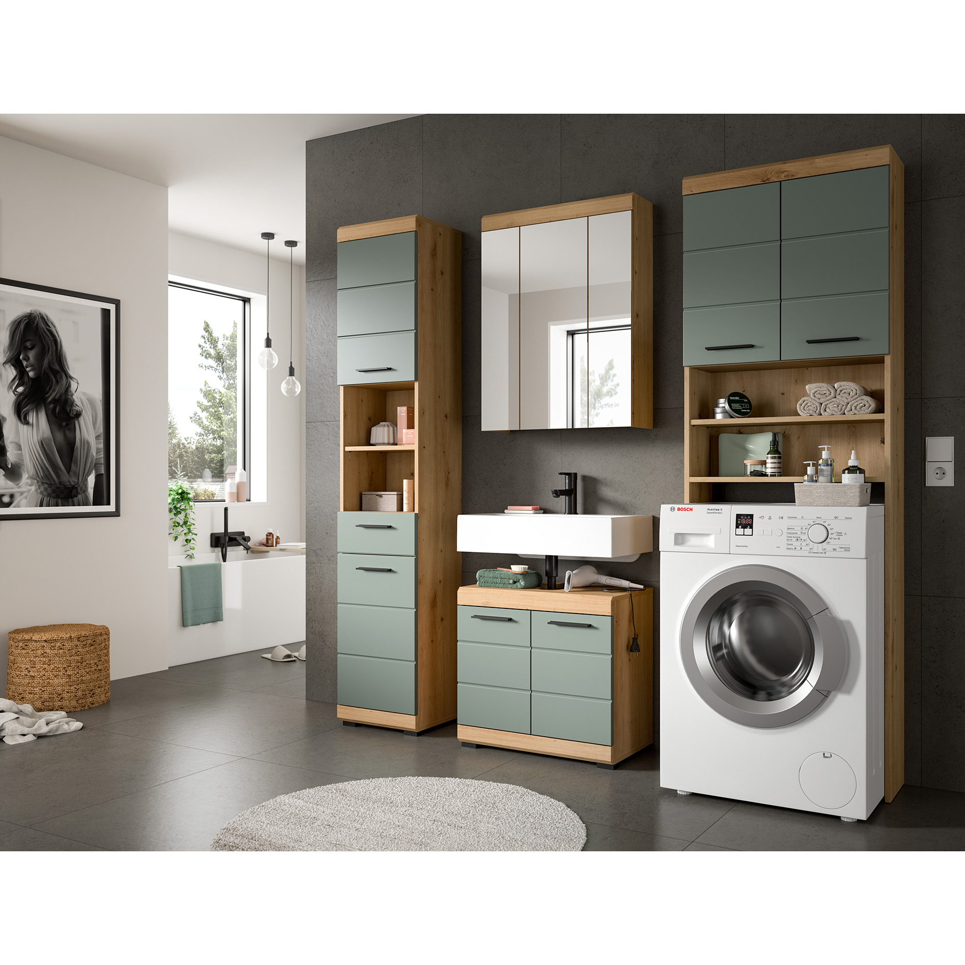 4-teilige Badkombination SCOUT - Salbei - Artisan Eiche - Spiegelschrank - 190 cm
