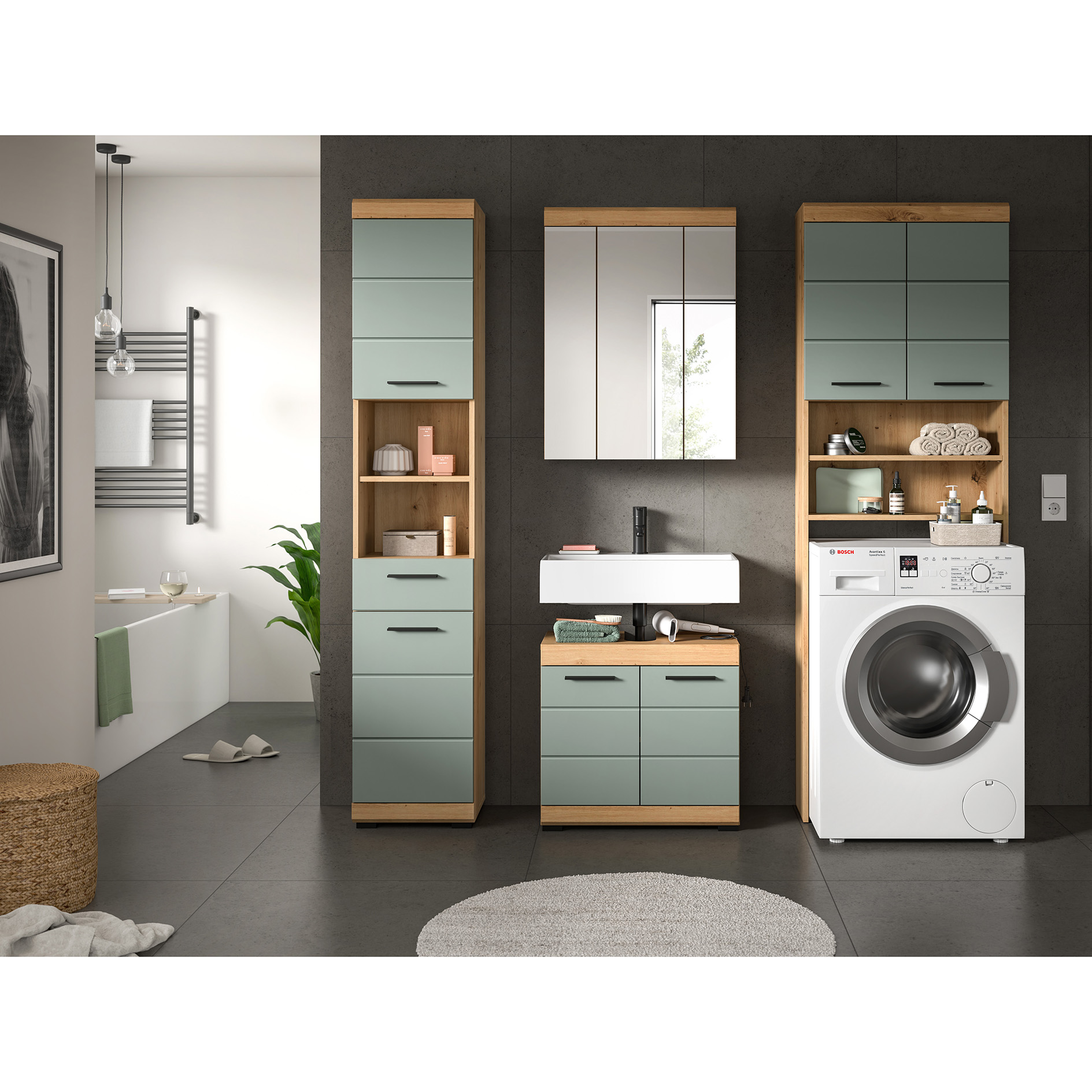 4-teilige Badkombination SCOUT - Salbei - Artisan Eiche - Spiegelschrank - 190 cm