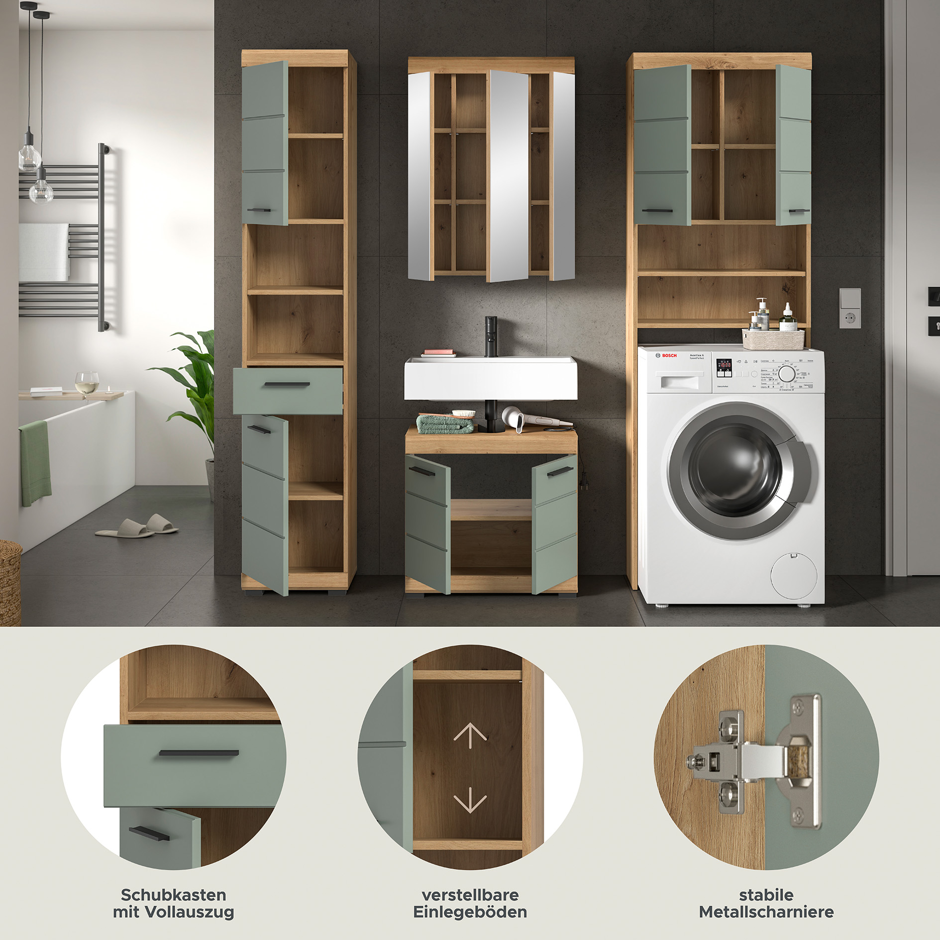 4-teilige Badkombination SCOUT - Salbei - Artisan Eiche - Spiegelschrank - 190 cm