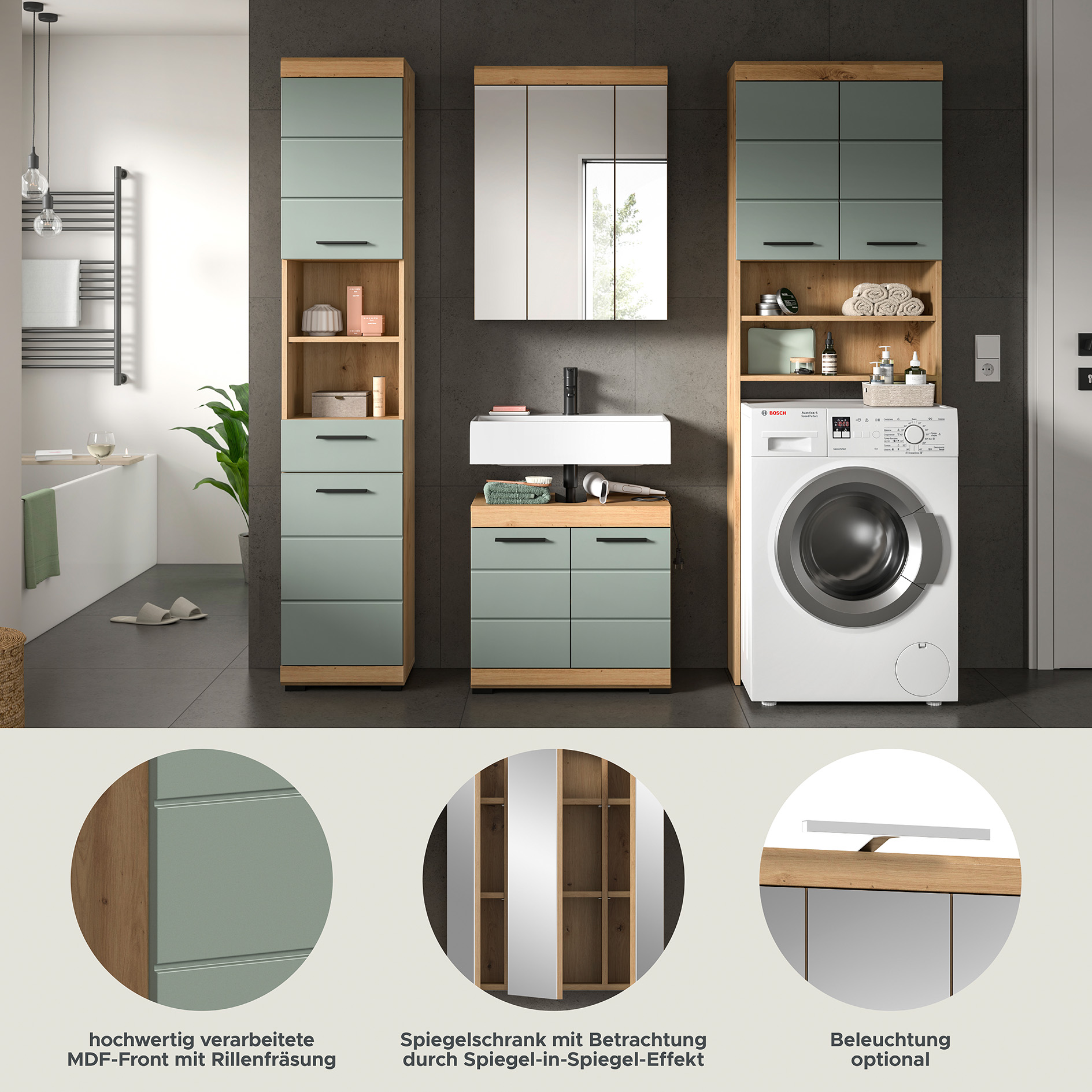 4-teilige Badkombination SCOUT - Salbei - Artisan Eiche - Spiegelschrank - 190 cm