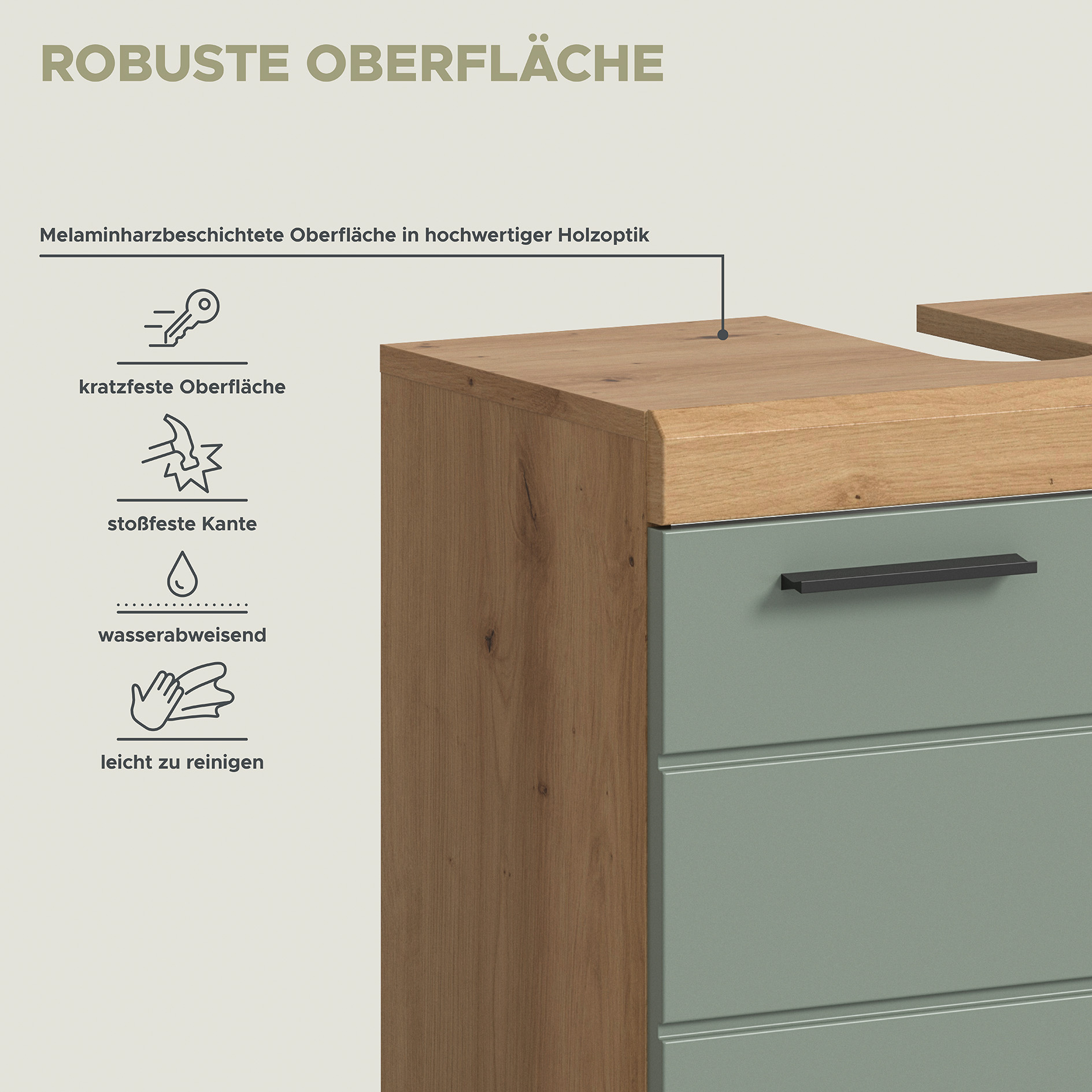 4-teilige Badkombination SCOUT - Salbei - Artisan Eiche - Spiegelschrank - 190 cm