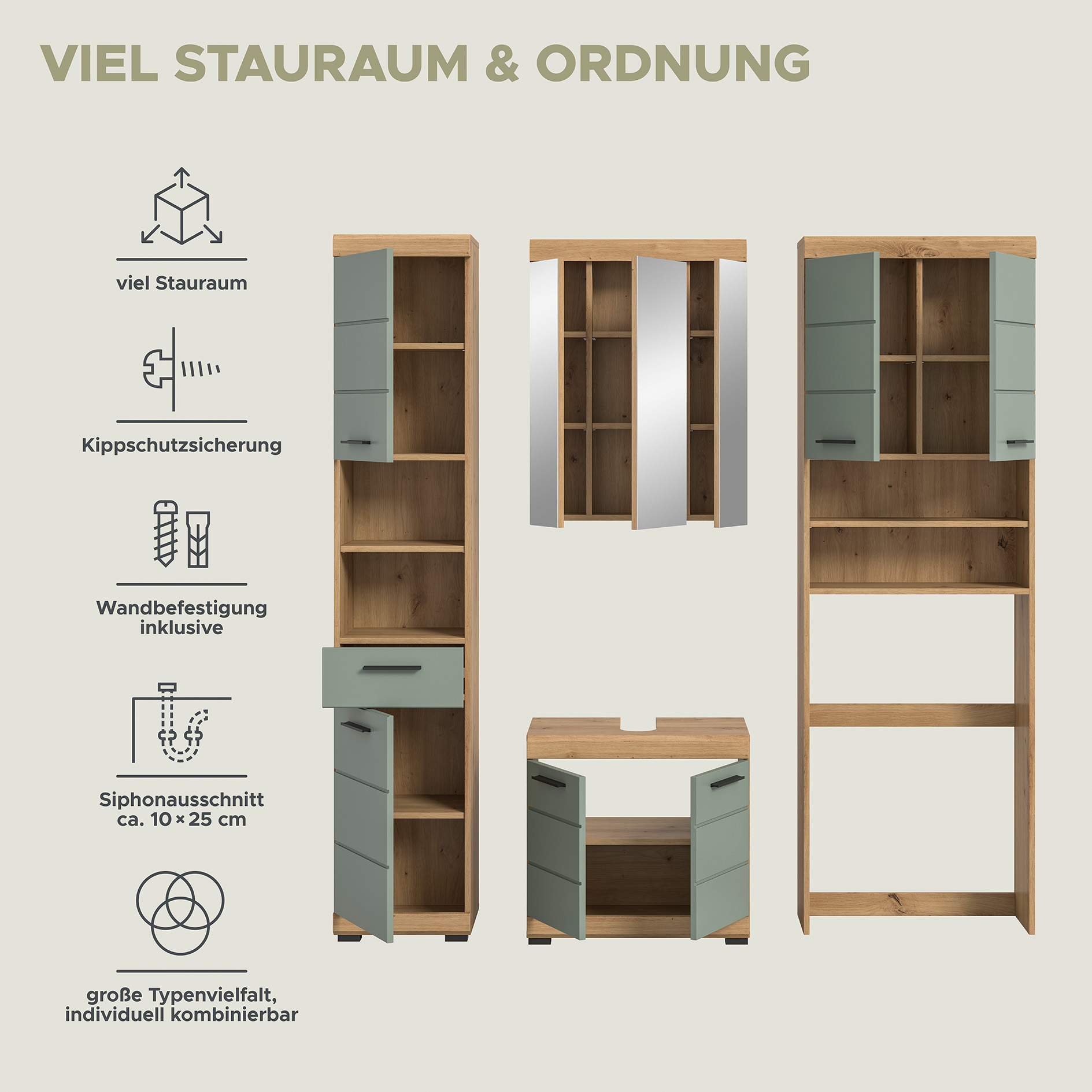 4-teilige Badkombination SCOUT - Salbei - Artisan Eiche - Spiegelschrank - 190 cm