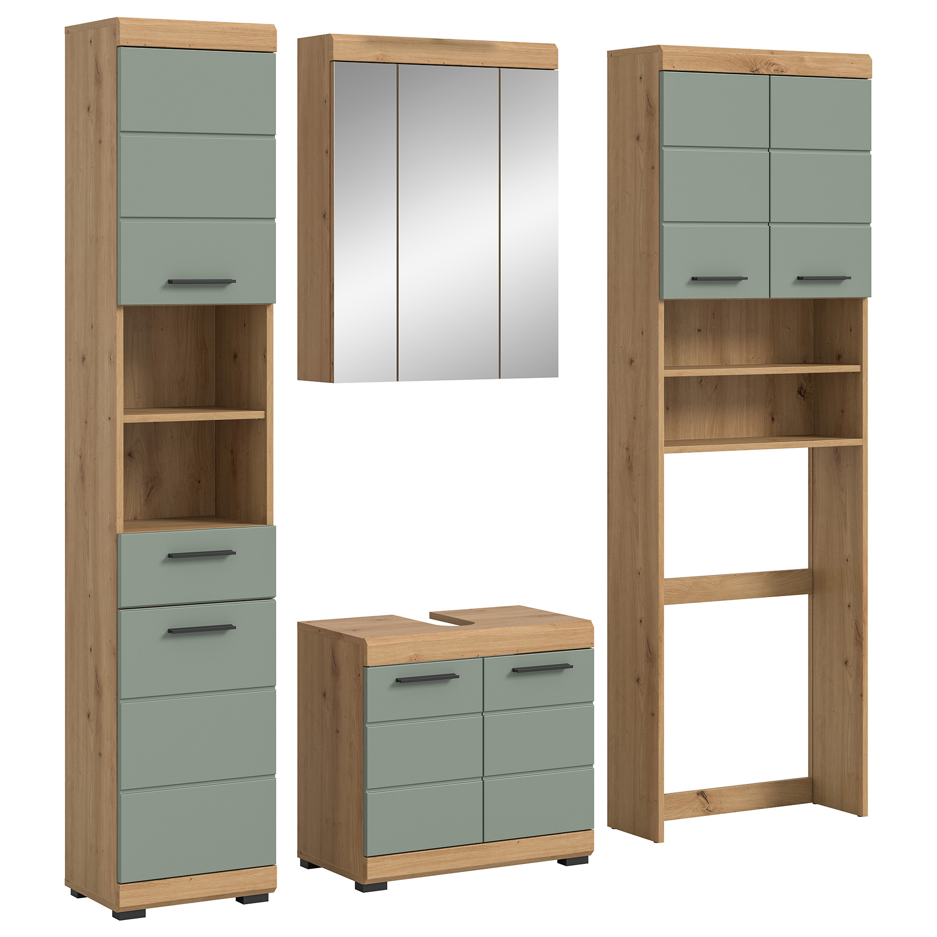 4-teilige Badkombination SCOUT - Salbei - Artisan Eiche - Spiegelschrank - 190 cm