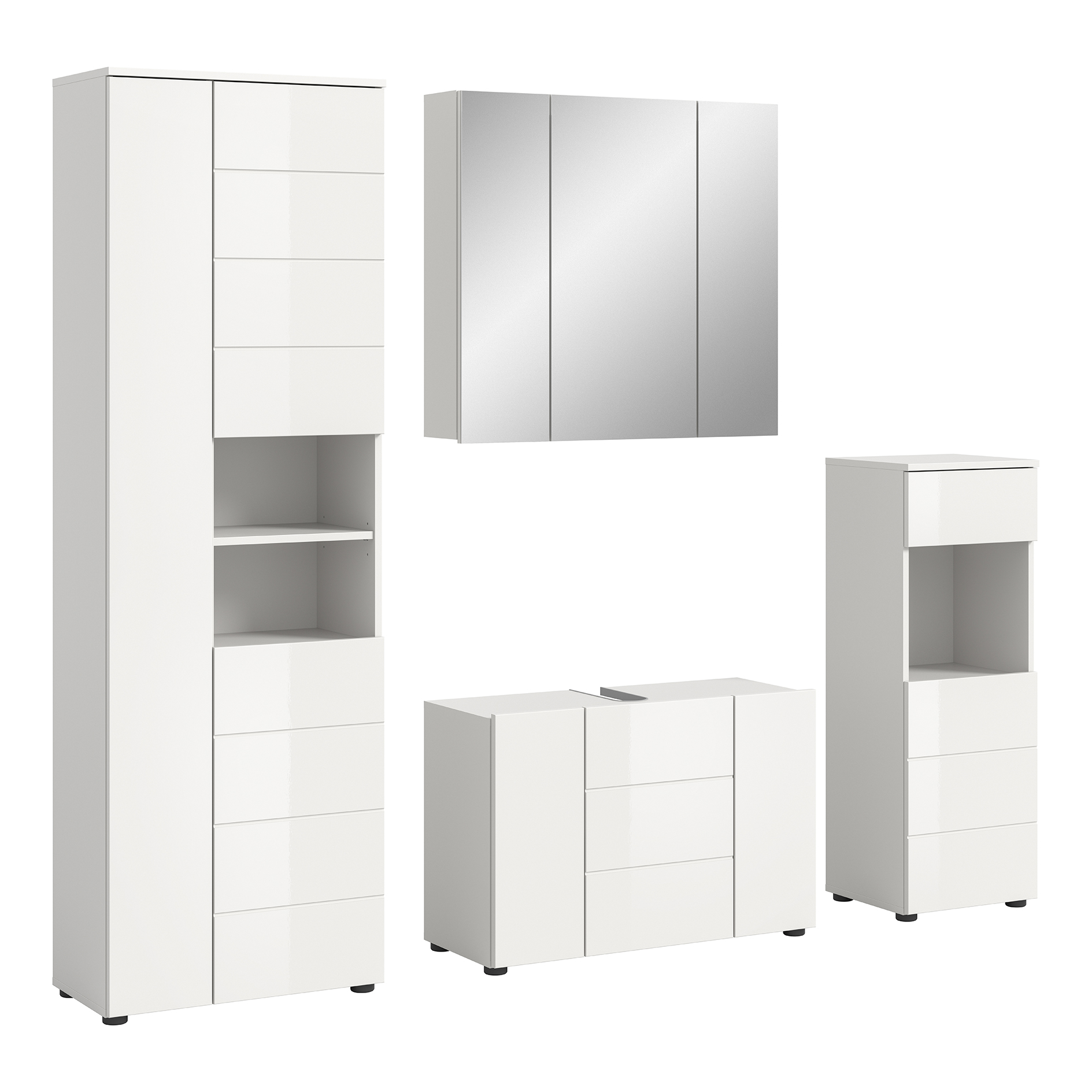 4-teilige Badkombination VIRA - weiß Hochglanz - Spiegelschrank - 210 cm