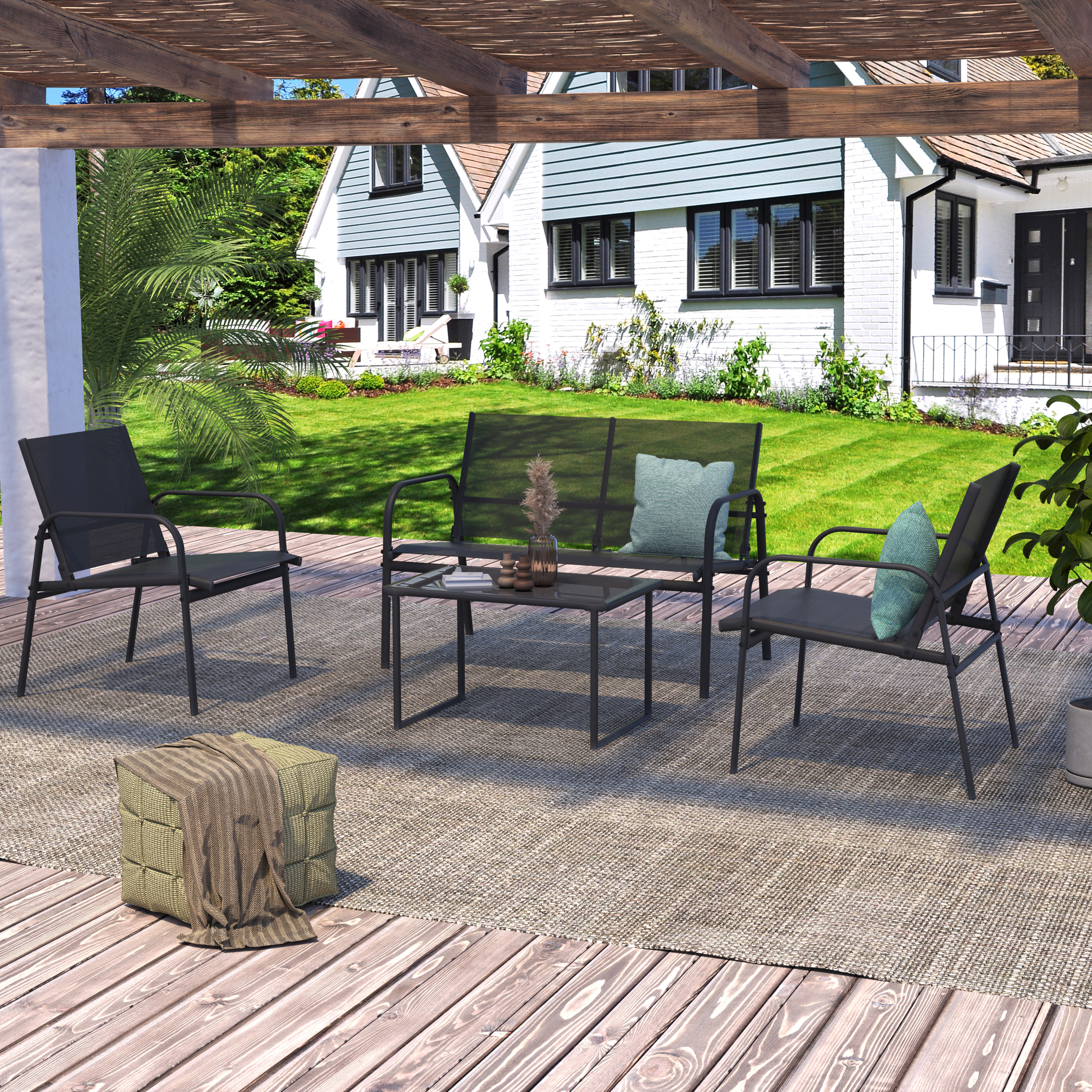 4-teilige Garten-Sitzgruppe - grau - Glas-Tischplatte