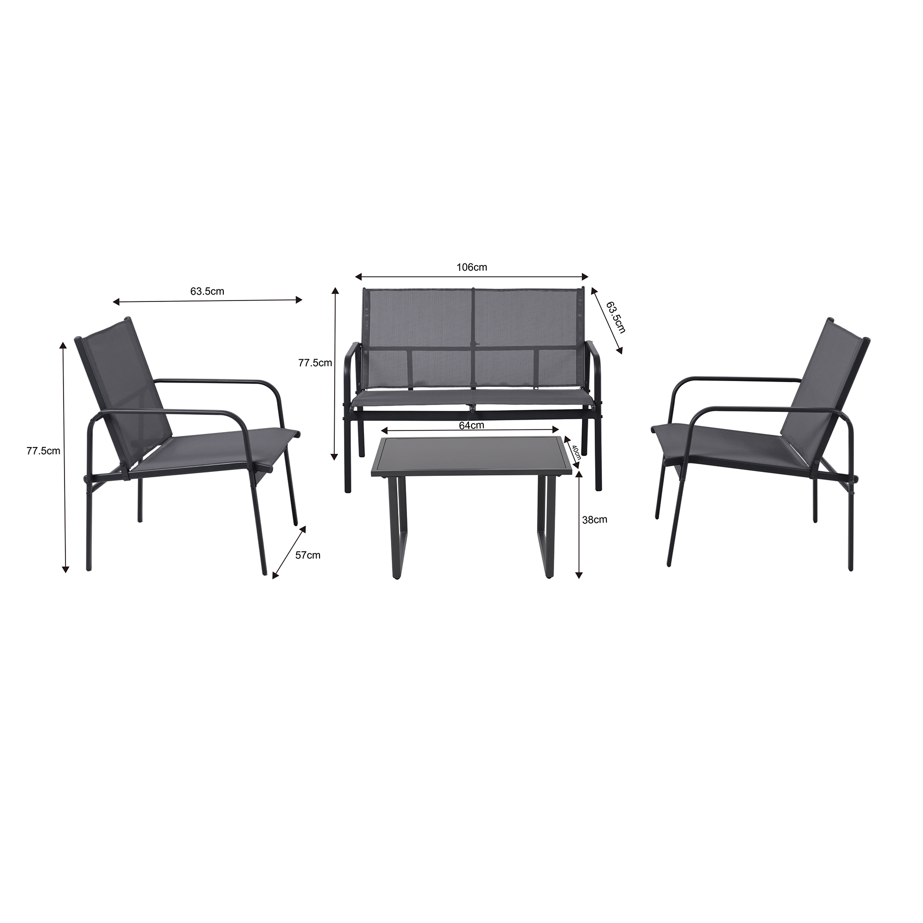 4-teilige Garten-Sitzgruppe - grau - Glas-Tischplatte