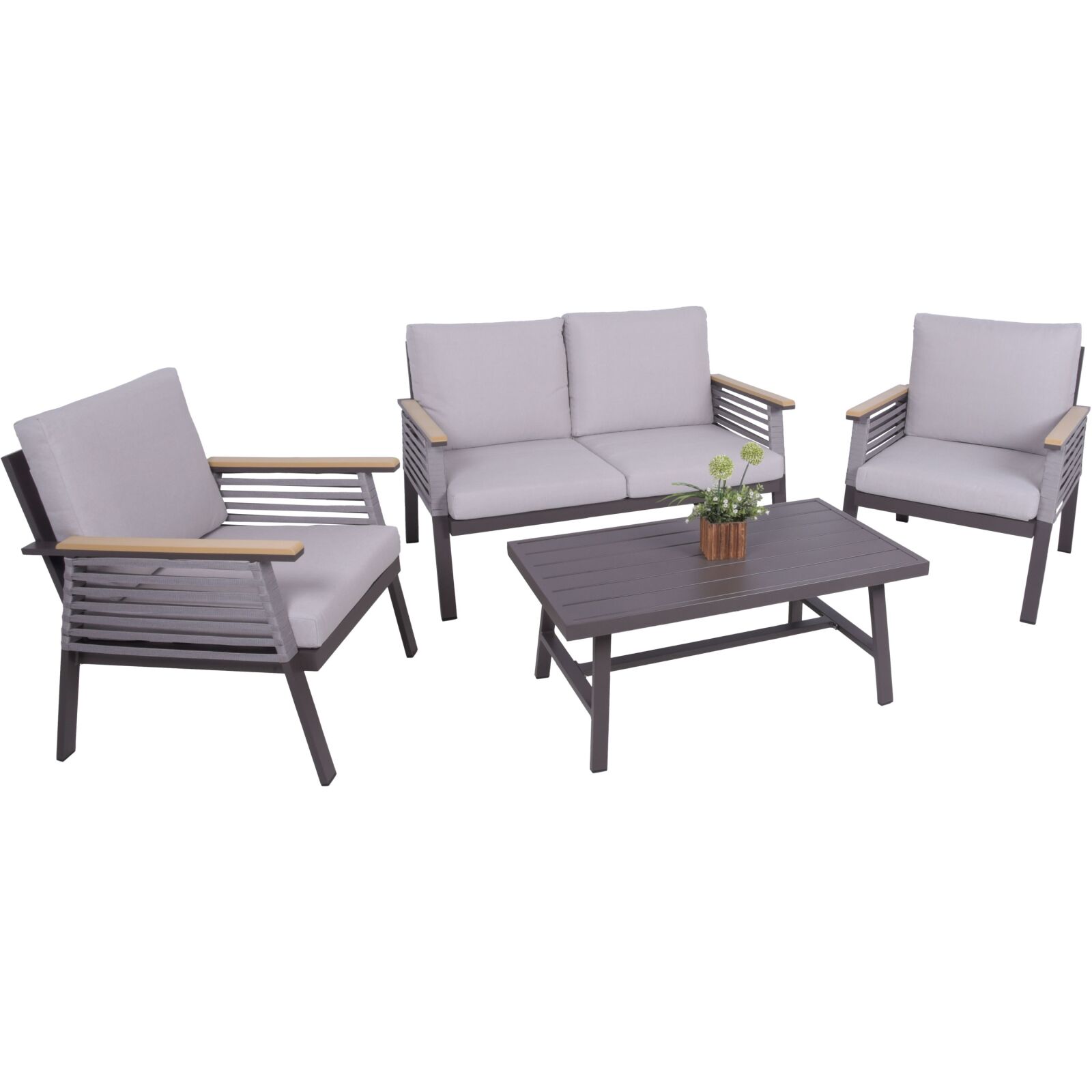 4-teilige Lounge-Gruppe DENIA - beige-dunkelbraun - Olefinseilbespannung