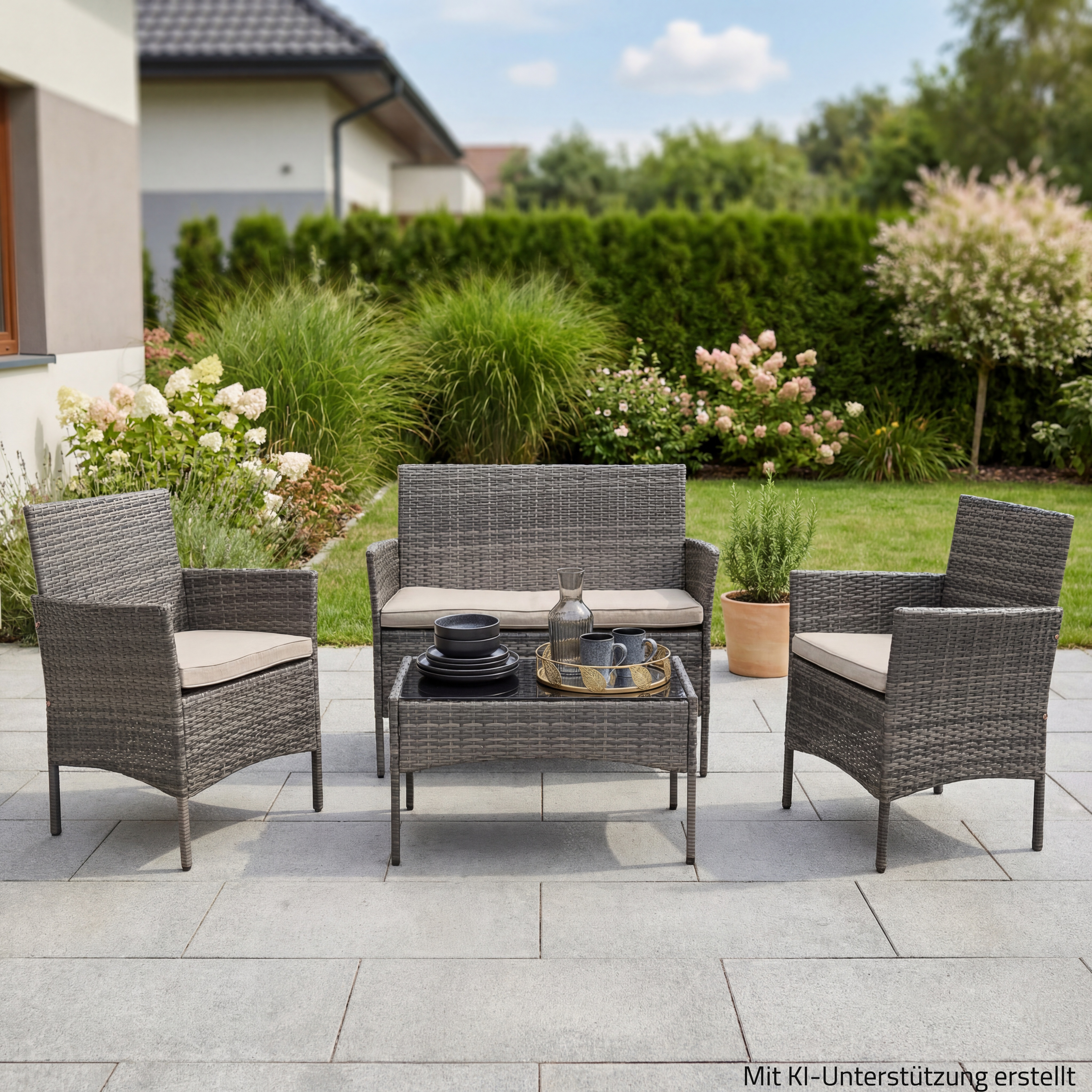 4-teilige Loungegarnitur - grau - Polyrattan