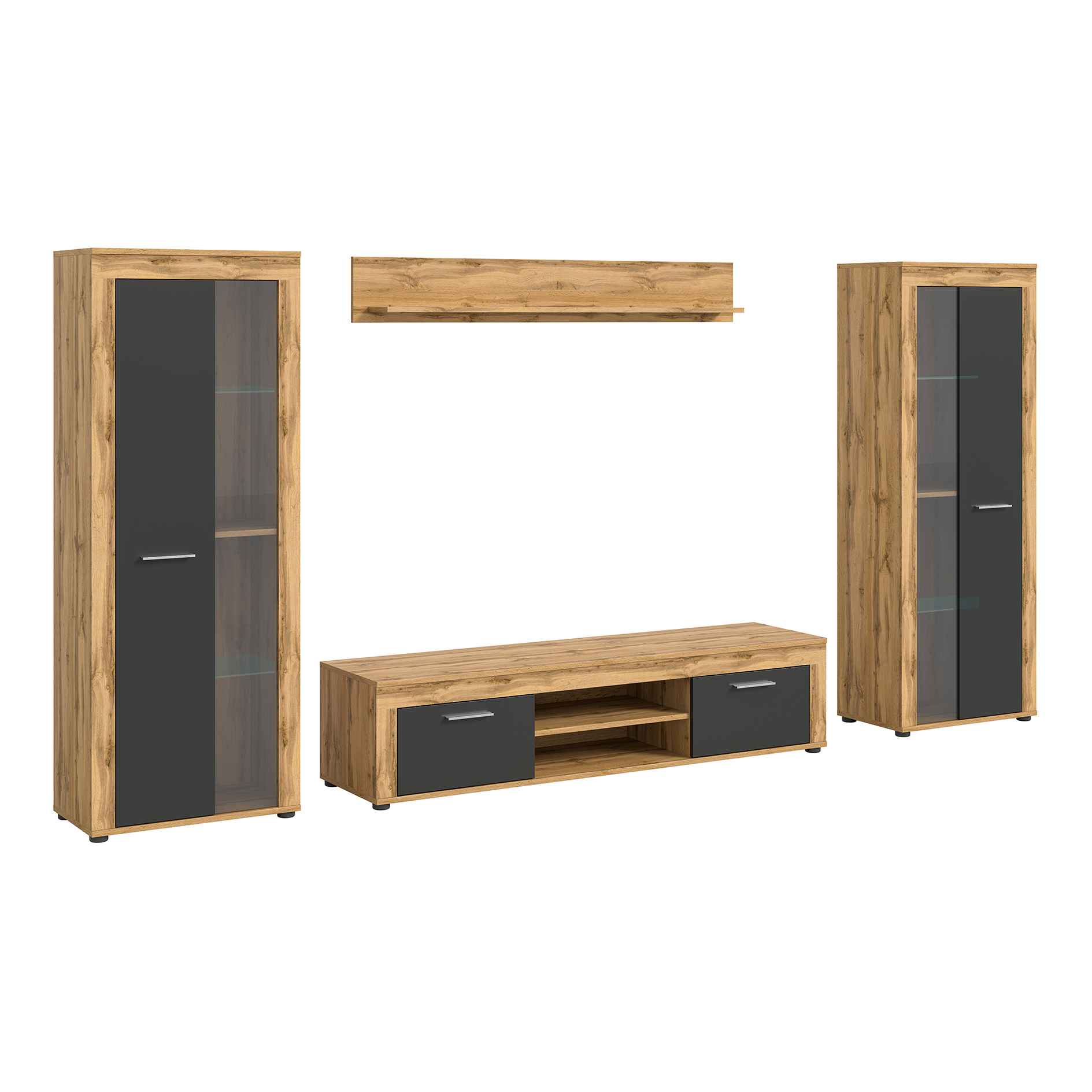 4-teilige Wohnkombination JAM - grau - Wotan Eiche - 2 große Vitrinen - 310 cm