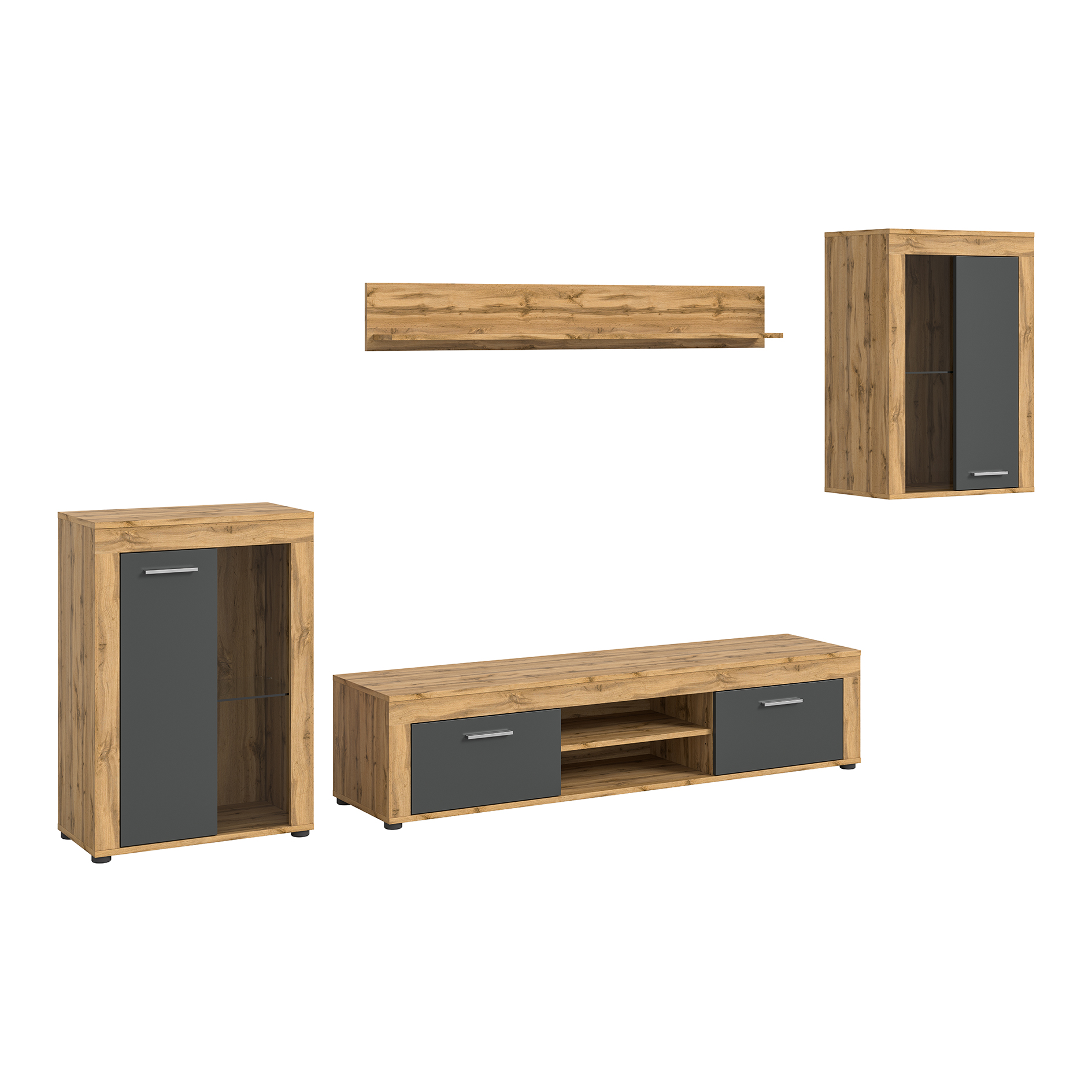 4-teilige Wohnkombination JAM - grau - Wotan Eiche - 2 kleine Vitrinen - 310 cm
