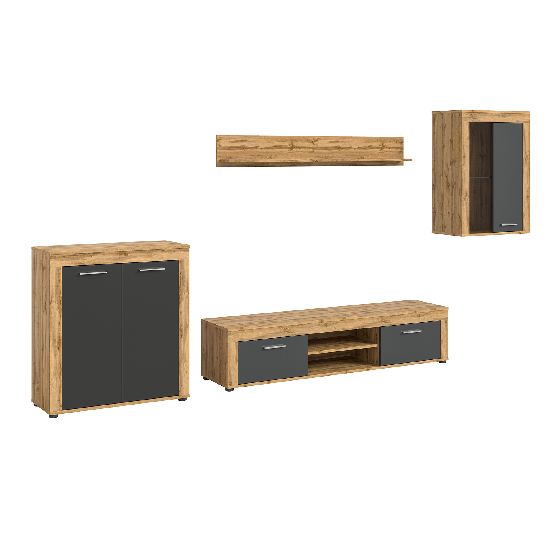 4-teilige Wohnkombination JAM - grau - Wotan Eiche - mit Highboard - 330 cm