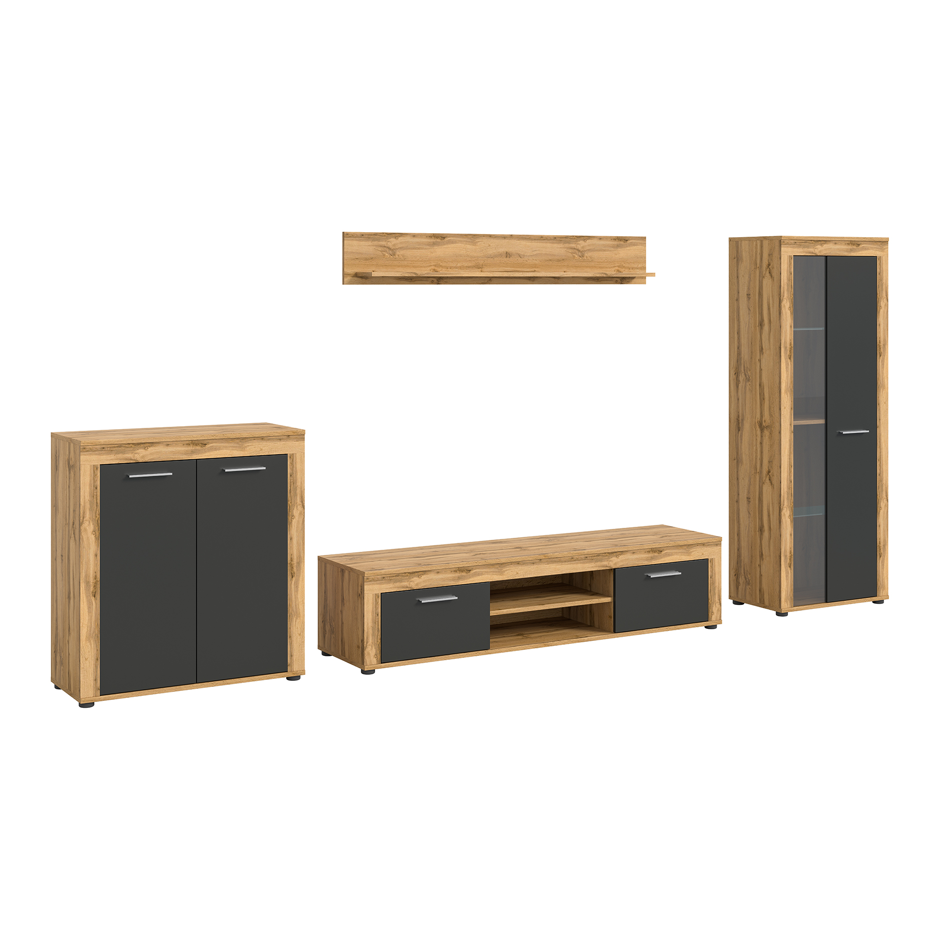 4-teilige Wohnkombination JAM - grau - Wotan Eiche - mit Vitrine - 330 cm