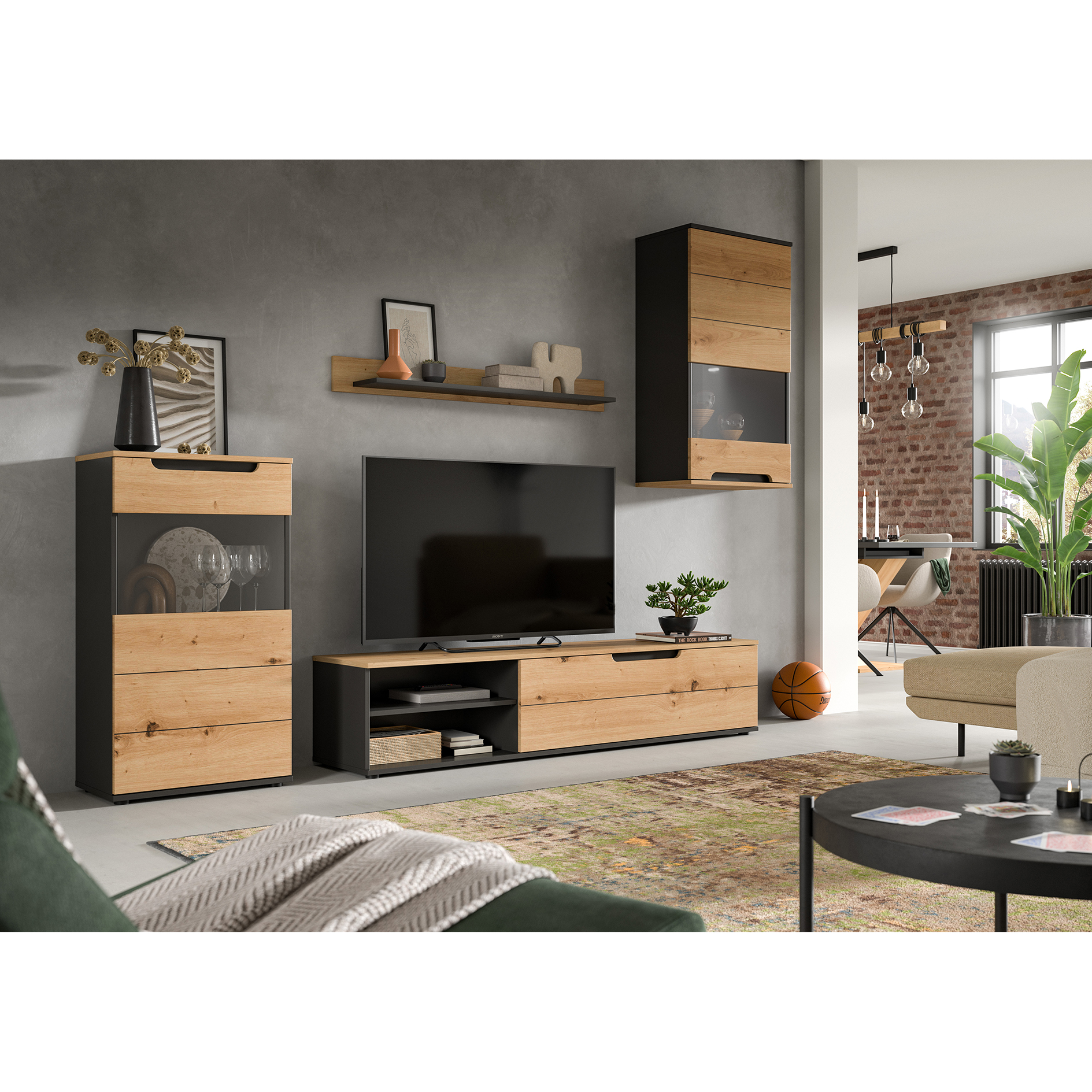 4-teilige Wohnwand CAJAK - Artisan Eiche - Basalt grau