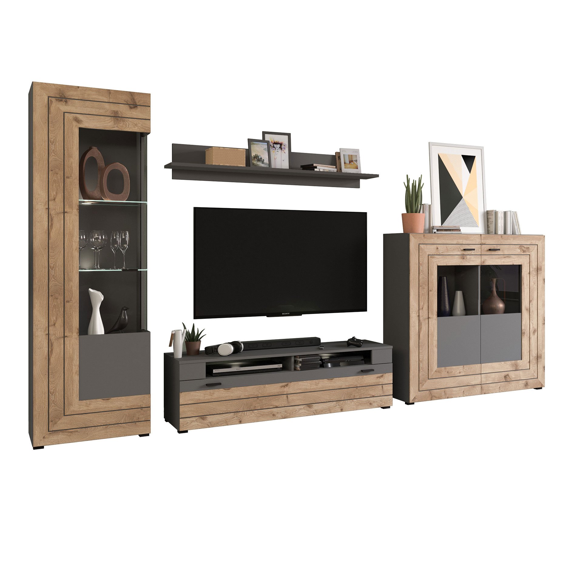 4-teilige Wohnwand - grau - Nox Oak