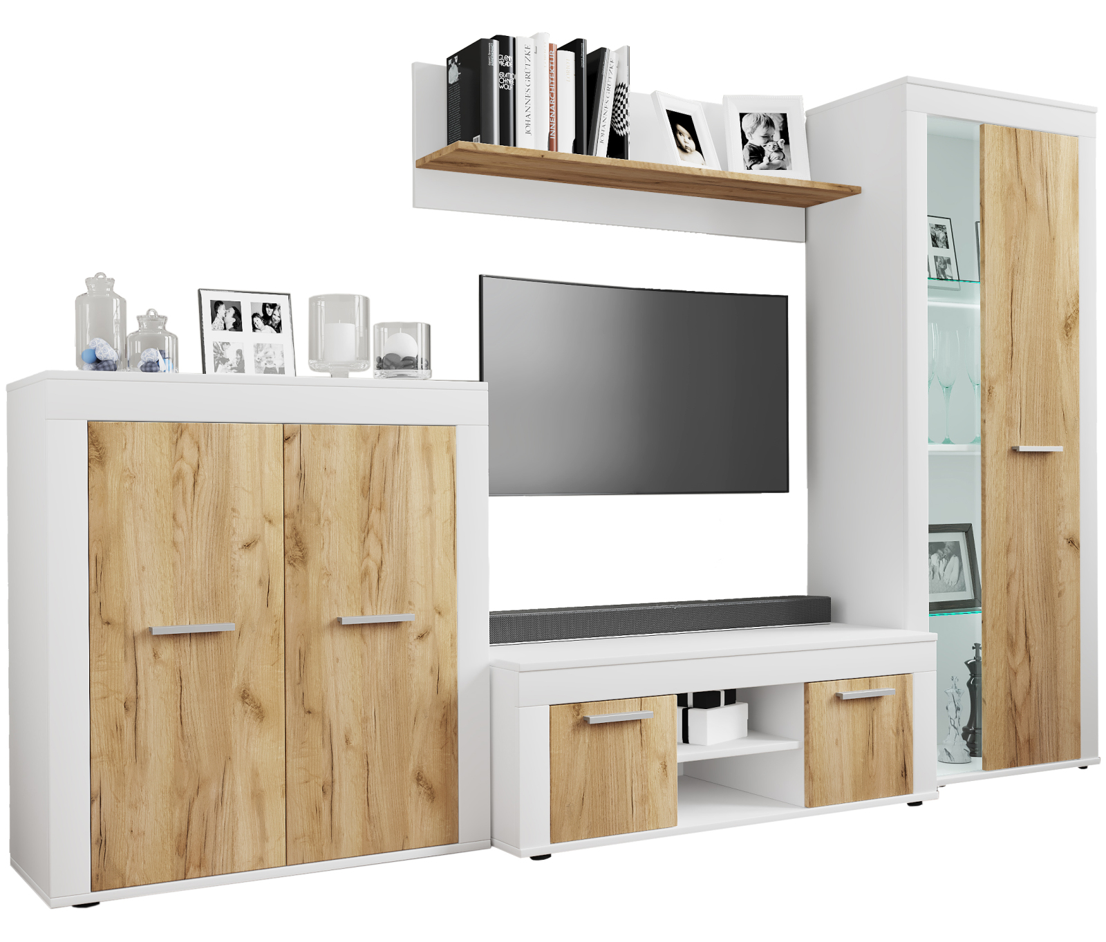 4-teilige Wohnwand USILO L - weiß - Honig Eiche - 242 cm