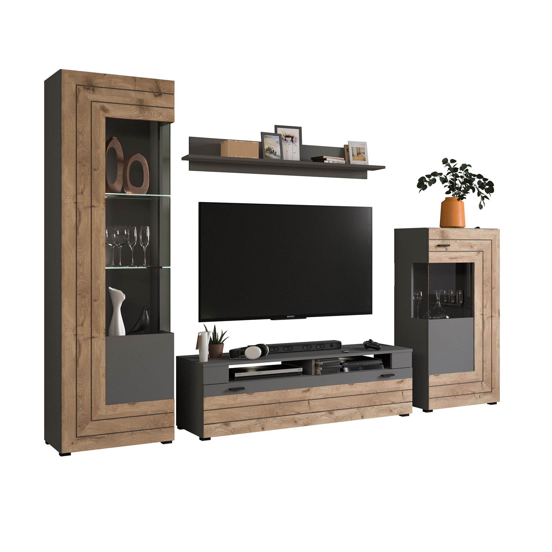 4-teilige Wohnwandkombination - grau - Nox Oak