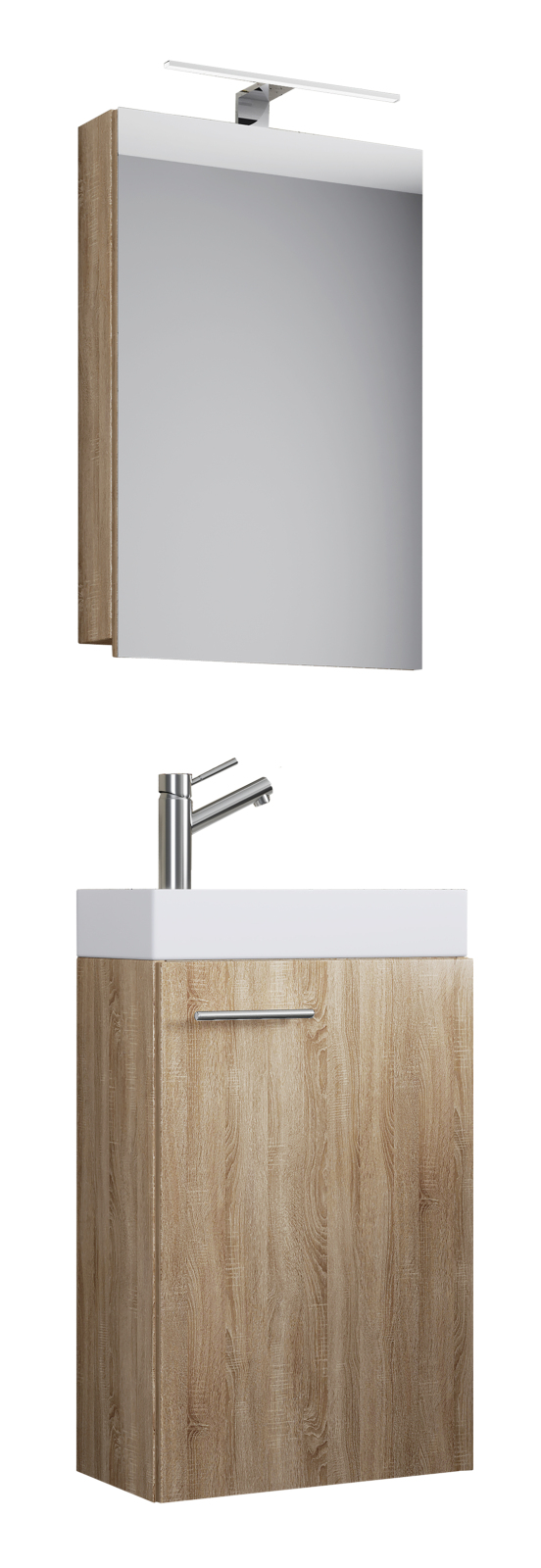 4-teiliger Gäste-Waschplatz SLITO - Sonoma Eiche - Spiegelschrank mit Beleuchtung