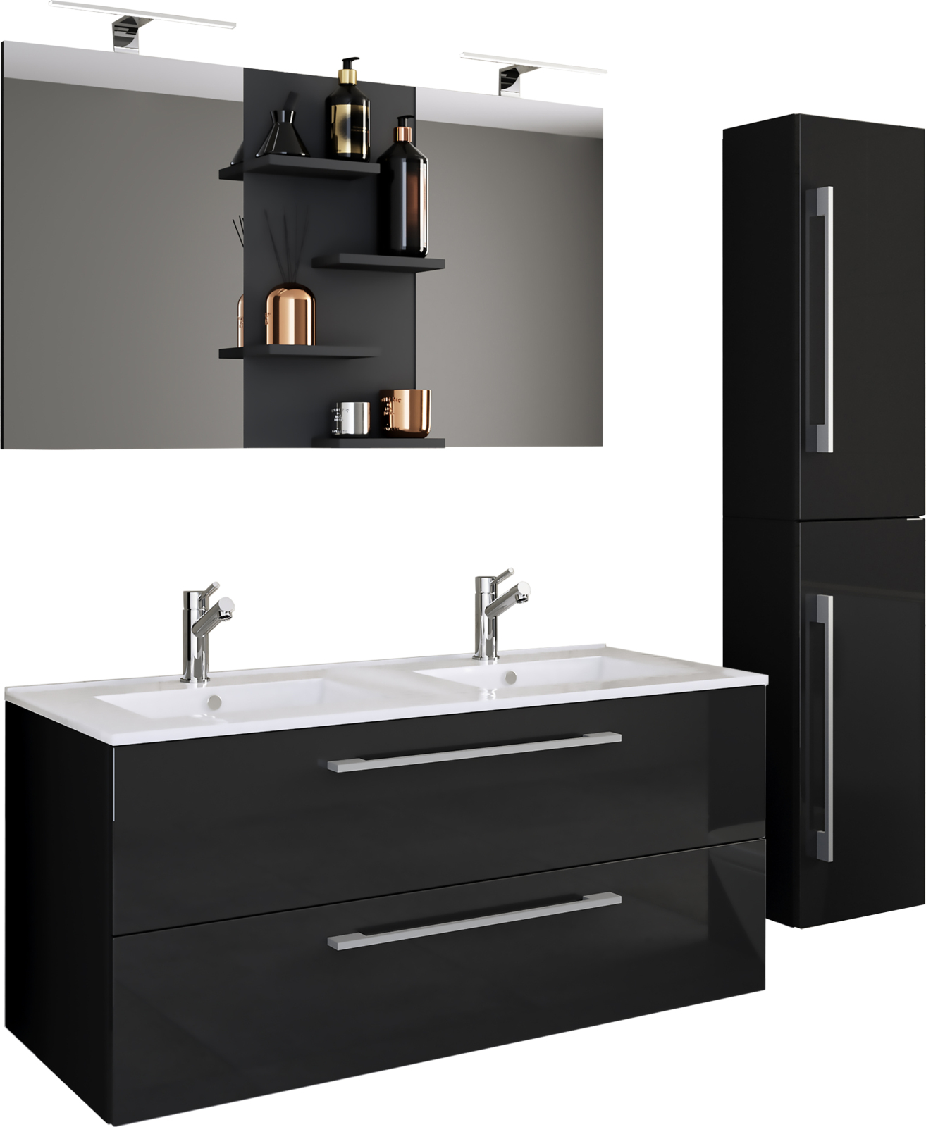 4-teiliges Badmöbel-Set BUDASI - schwarz - Spiegel - 145 cm breit