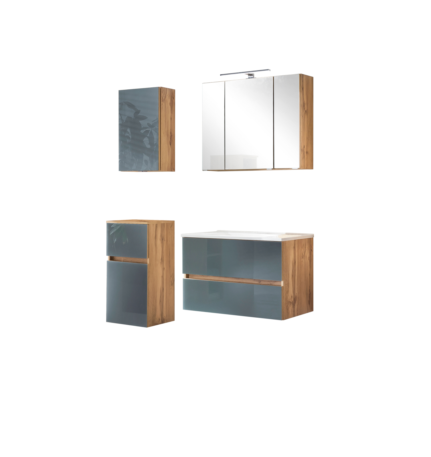 4-teiliges Badmöbel-Set HELSINKI - grau Hochglanz-Wotaneiche - 120 cm