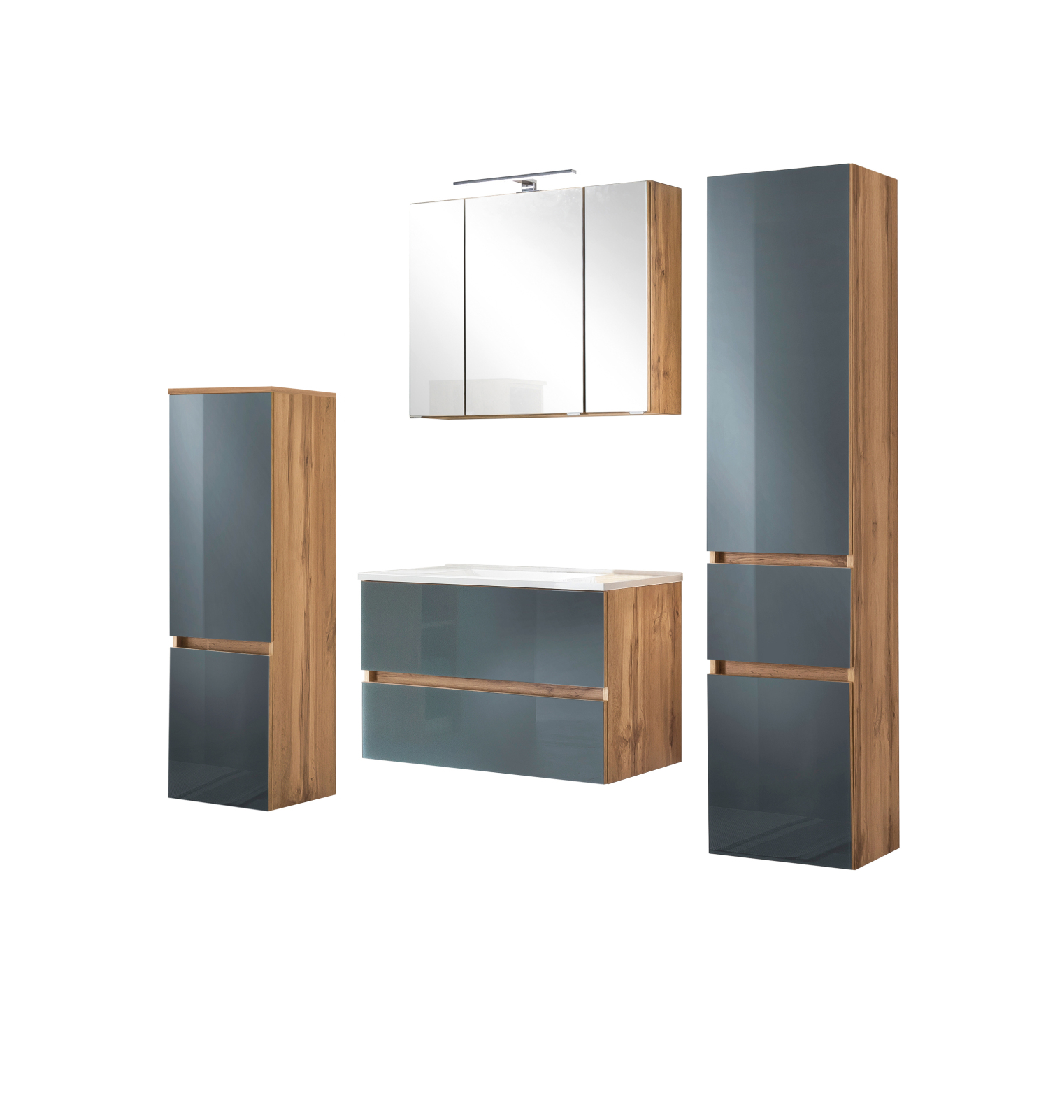 4-teiliges Badmöbel-Set HELSINKI - grau Hochglanz-Wotaneiche - 120 cm