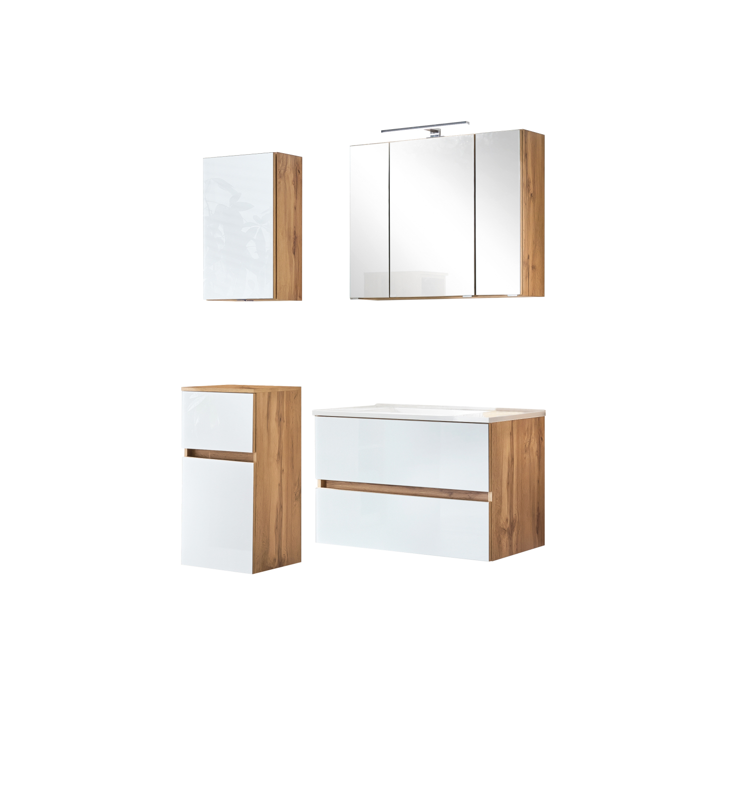 4-teiliges Badmöbel-Set HELSINKI - weiß Hochglanz-Wotaneiche - 120 cm