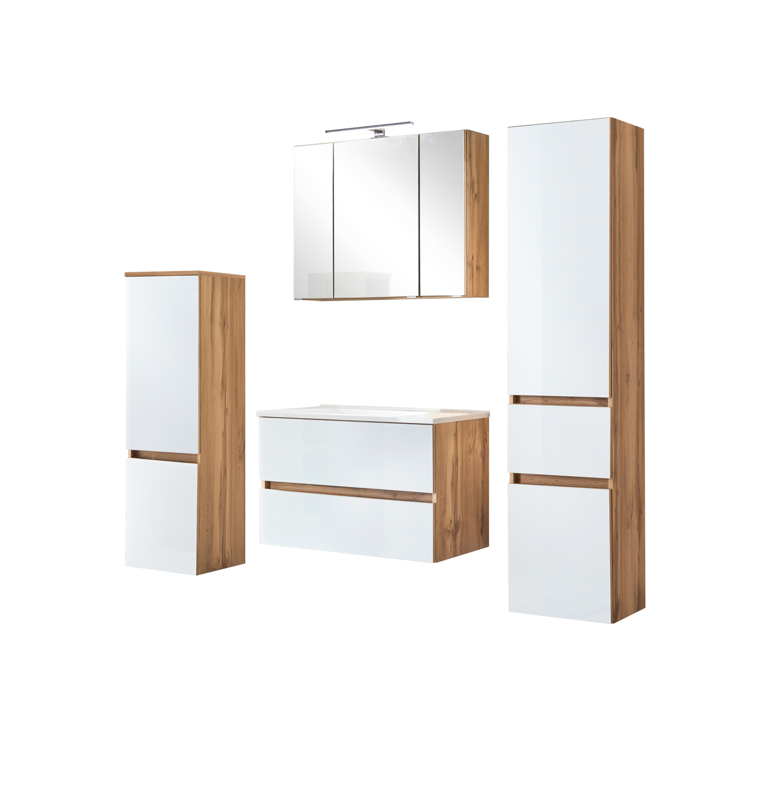 4-teiliges Badmöbel-Set HELSINKI - weiß Hochglanz-Wotaneiche - 120 cm