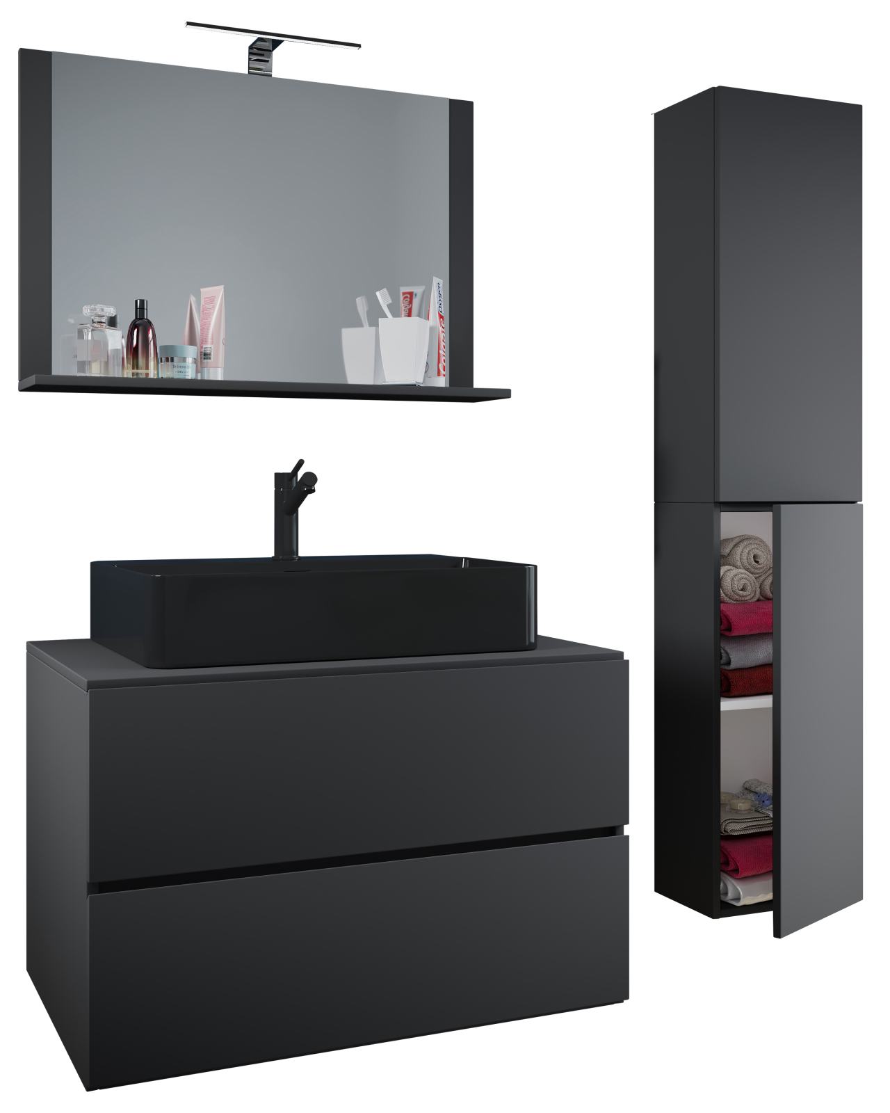 4-teiliges Badmöbel-Set LENDAS BL L - anthrazit - mit Hochschrank - 114 cm