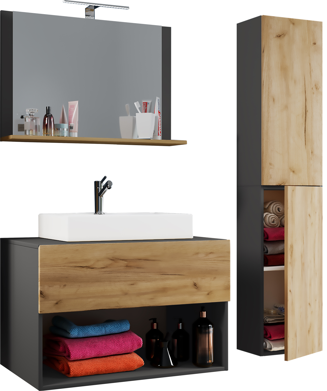 4-teiliges Badmöbel-Set LENDAS II - anthrazit-Honig-Eiche - 113 cm
