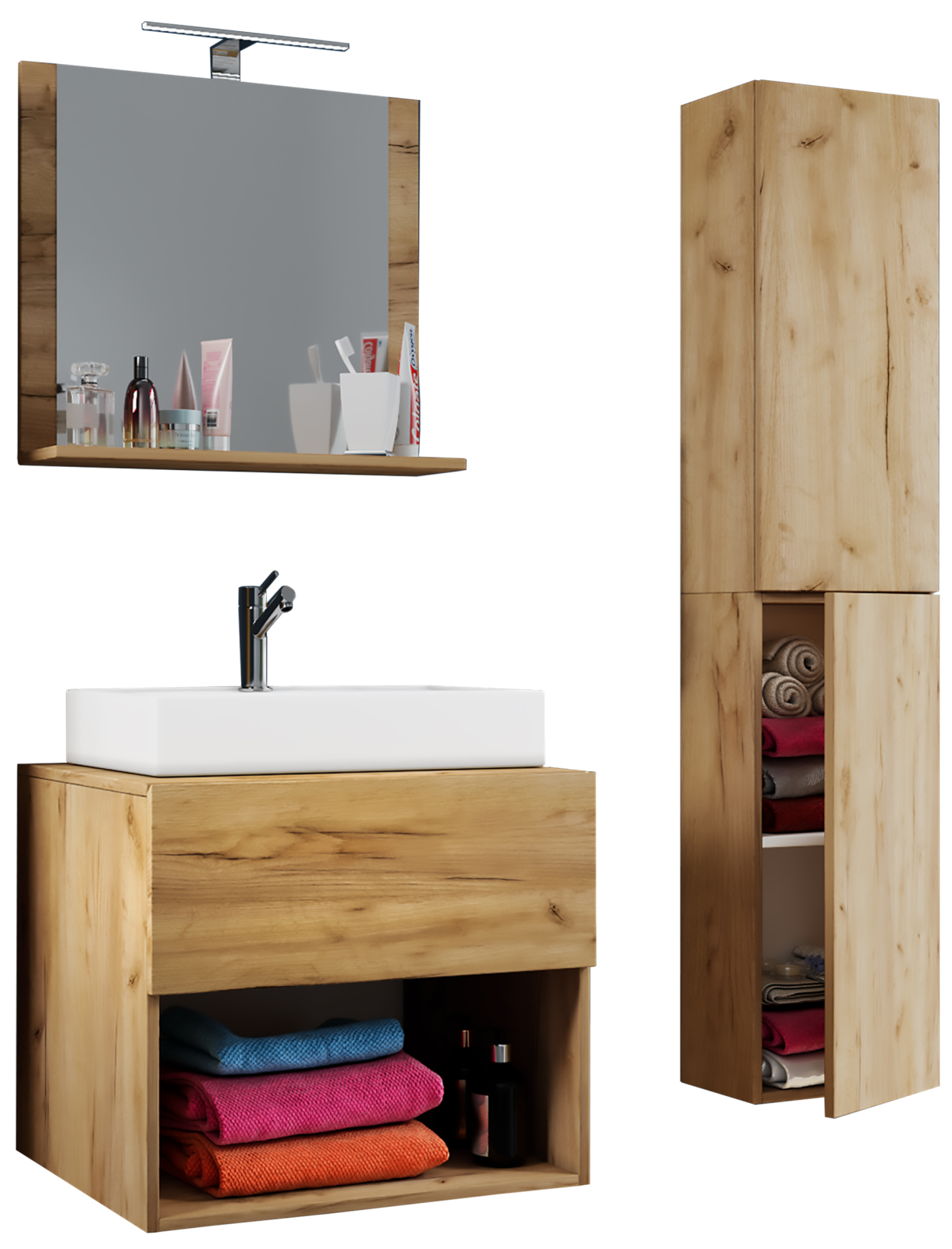 4-teiliges Badmöbel-Set LENDAS II - Honig Eiche - Keramik-Waschbecken