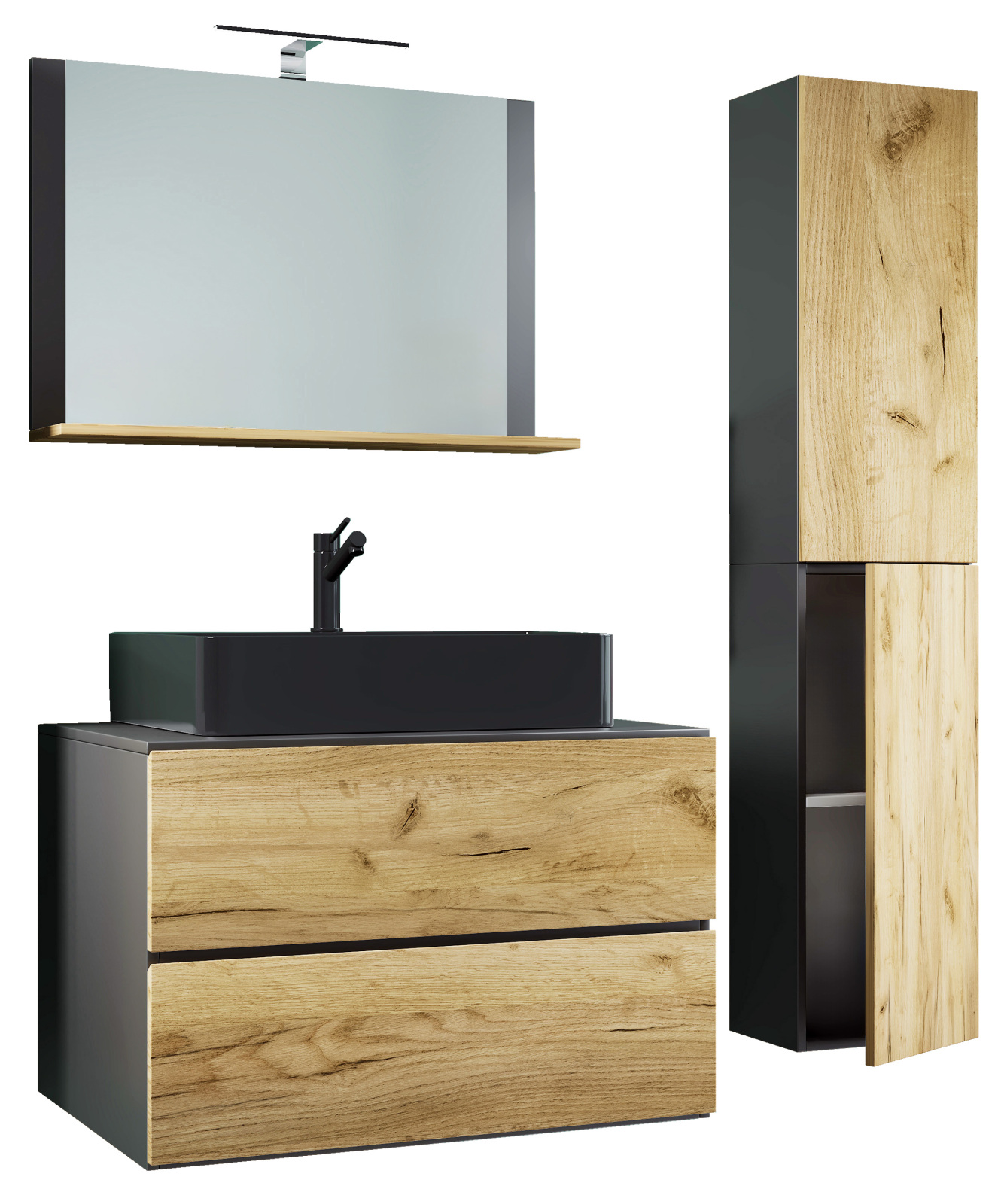 4-teiliges Badmöbel-Set LENDAS L - anthrazit - Honig Eiche - mit Hochschrank - 80 cm