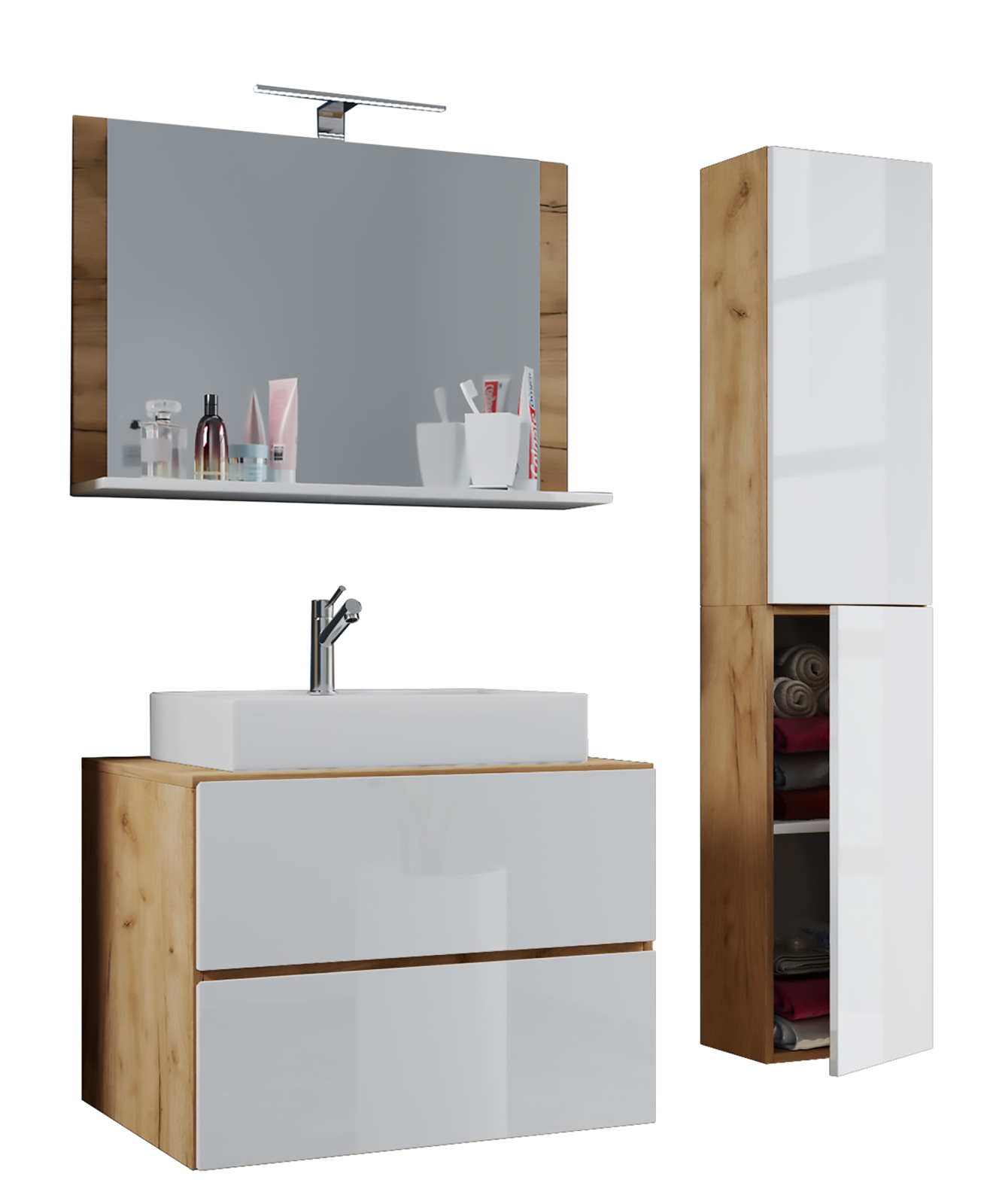 4-teiliges Badmöbel-Set LENDAS L - weiß -Honig Eiche - mit Hochschrank - 80 cm