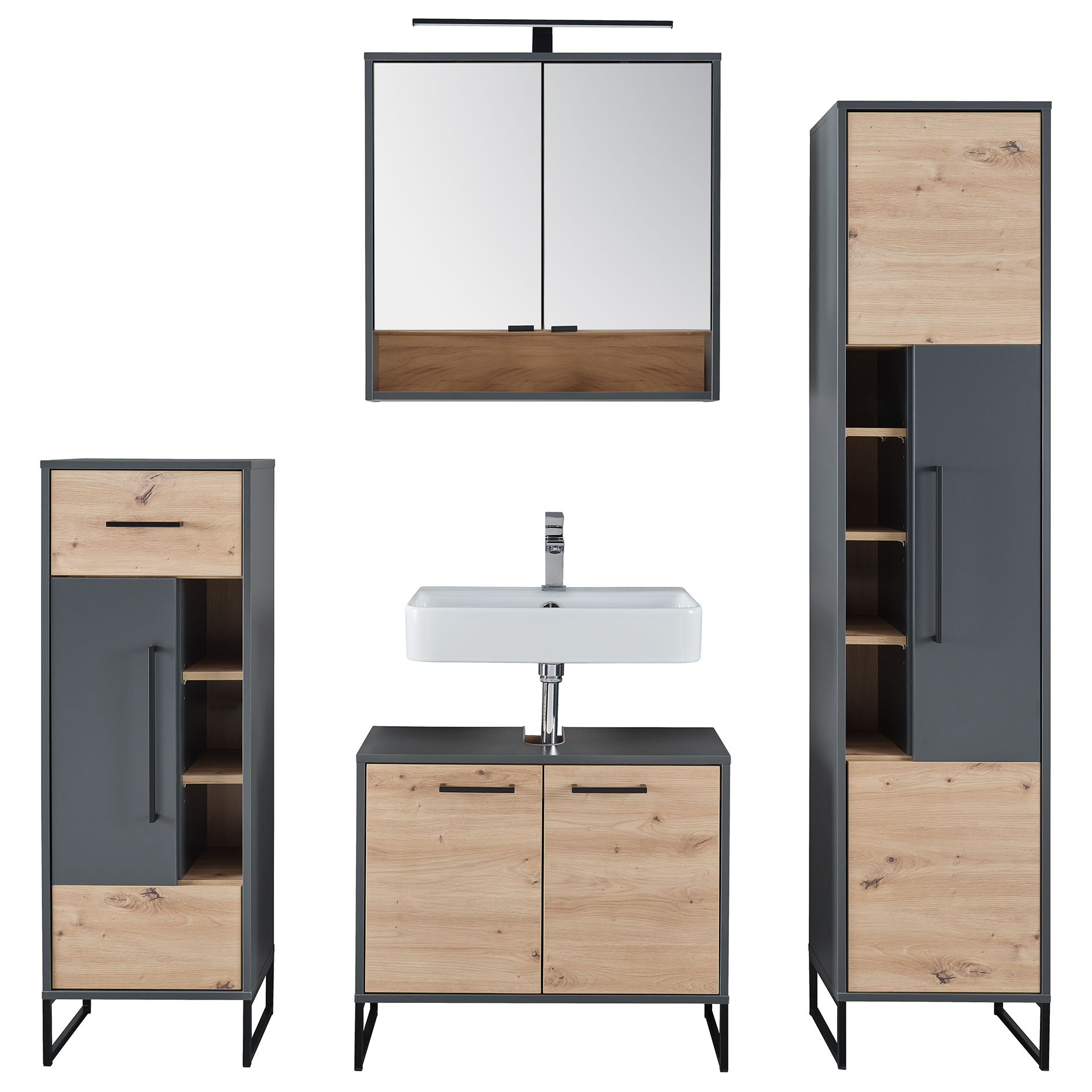 4-teiliges Badmöbelset - anthrazit - Artisan Eiche - Softclose
