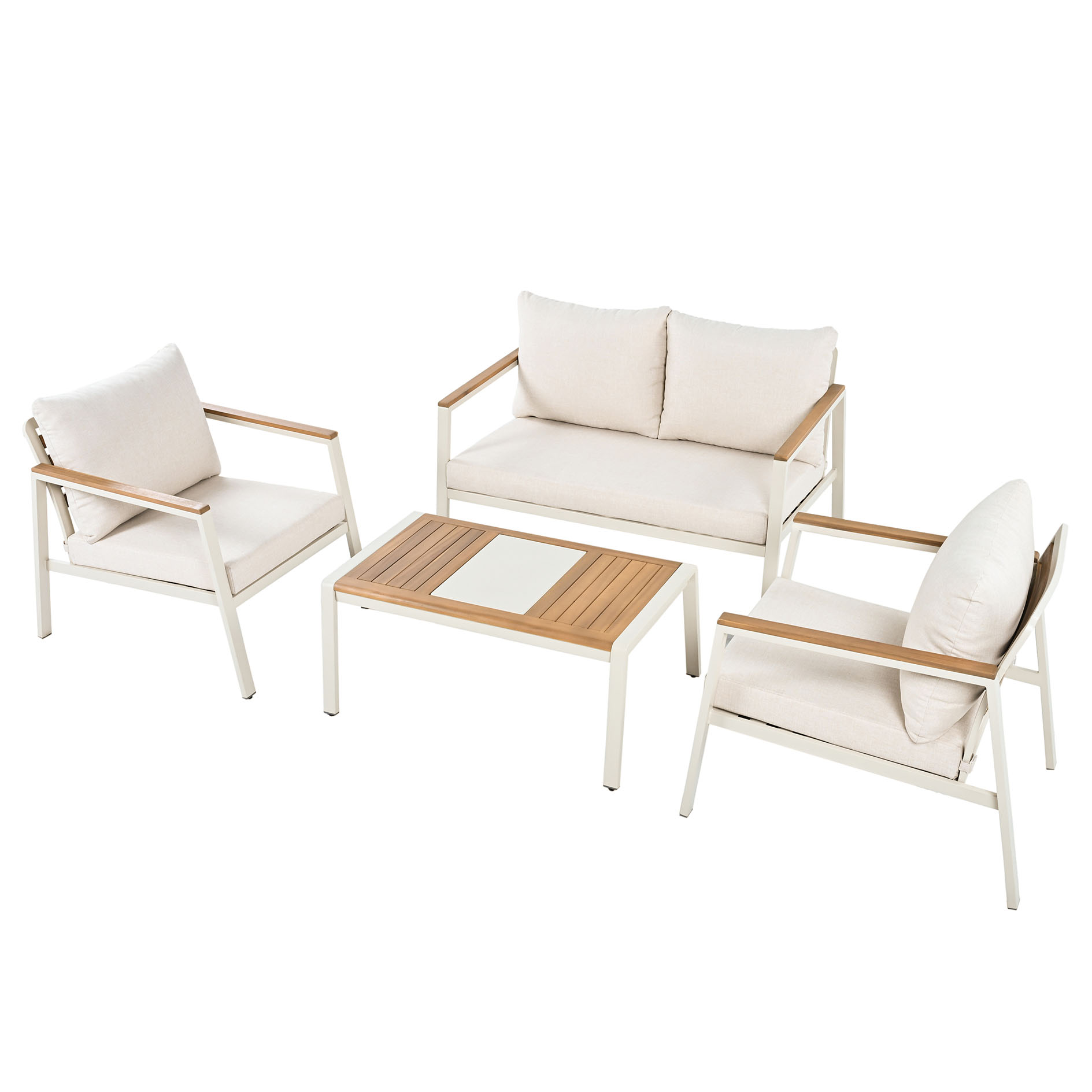 4-teiliges Garten-Lounge-Set - creme - Acacia - mit Kissen