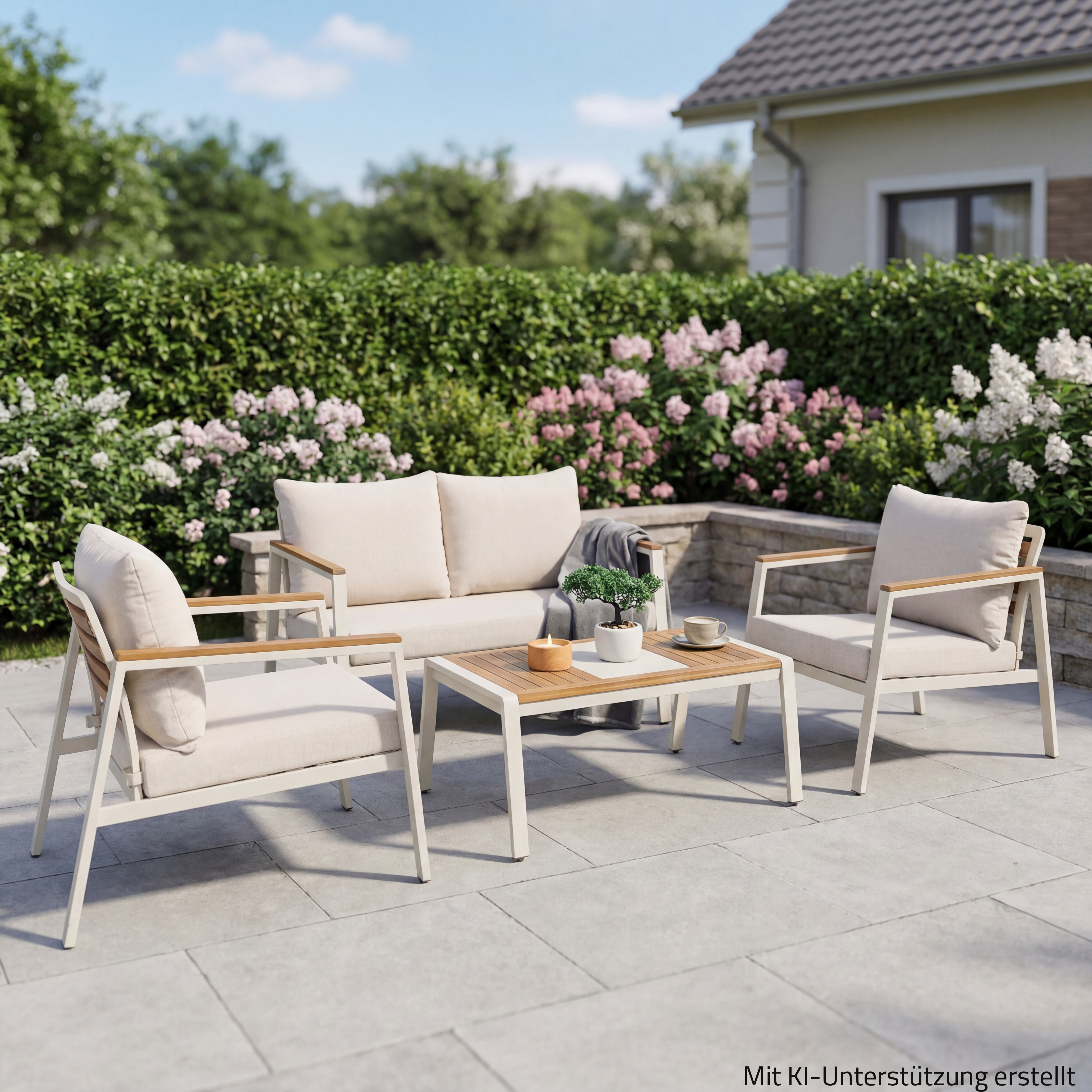 4-teiliges Garten-Lounge-Set - creme - Acacia - mit Kissen