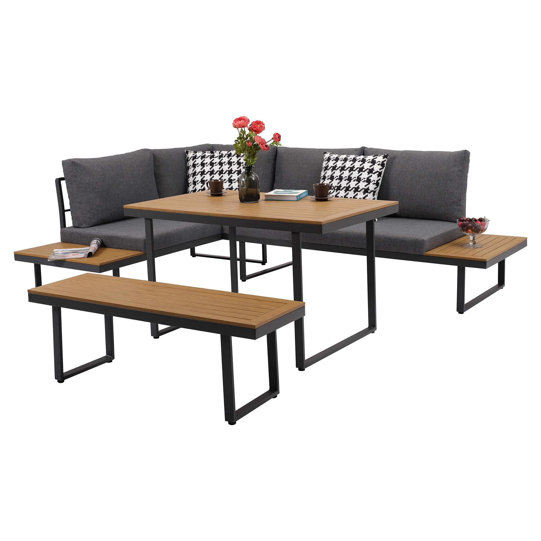 4-teiliges Garten-Loungeset - grau-holzfarben - mit Kissen