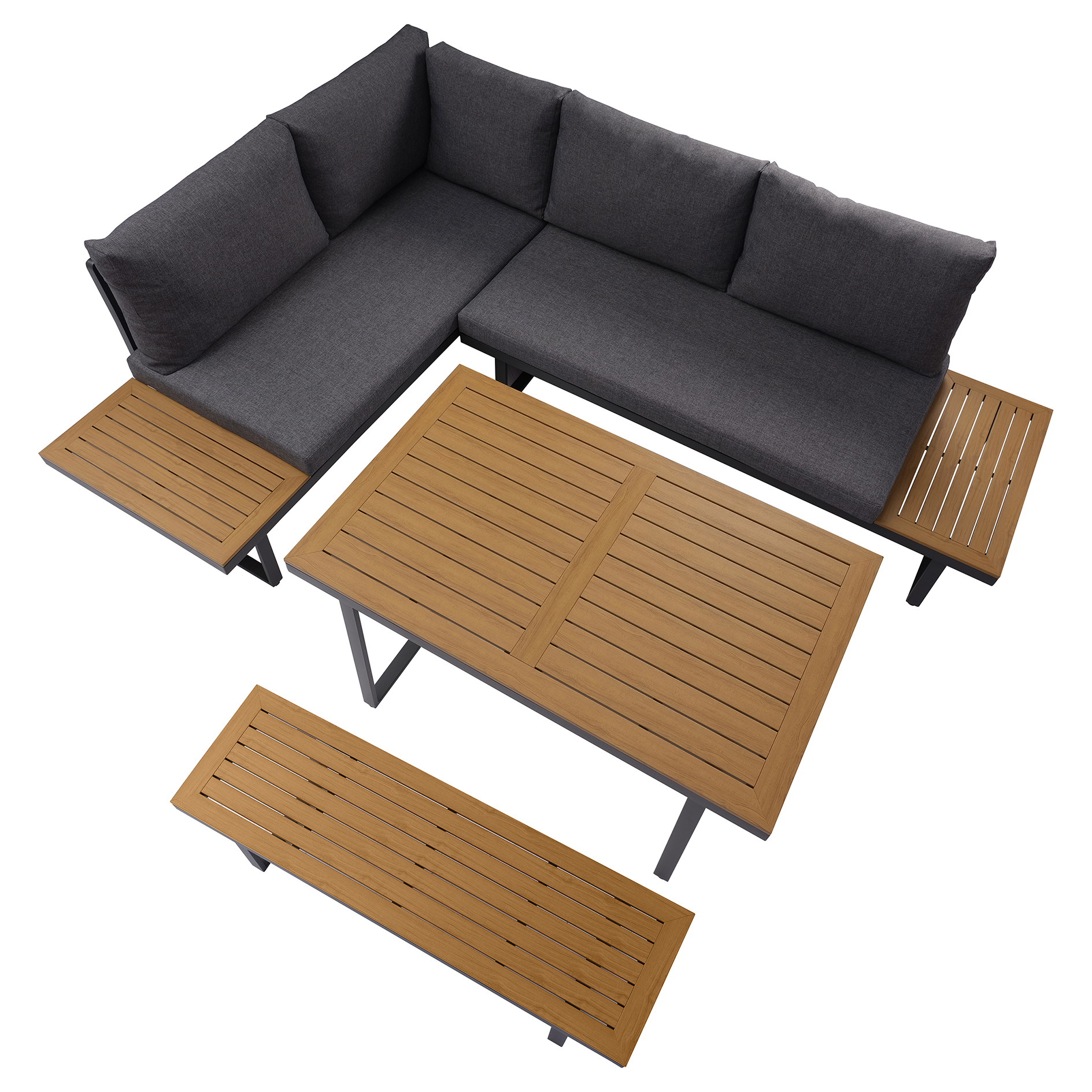4-teiliges Garten-Loungeset - grau-holzfarben - mit Kissen