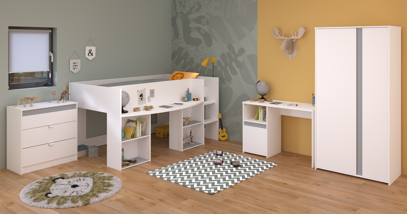 4-teiliges Kinderzimmer PIROUETTE 11 - weiß - rosa oder grau - 90x200 cm