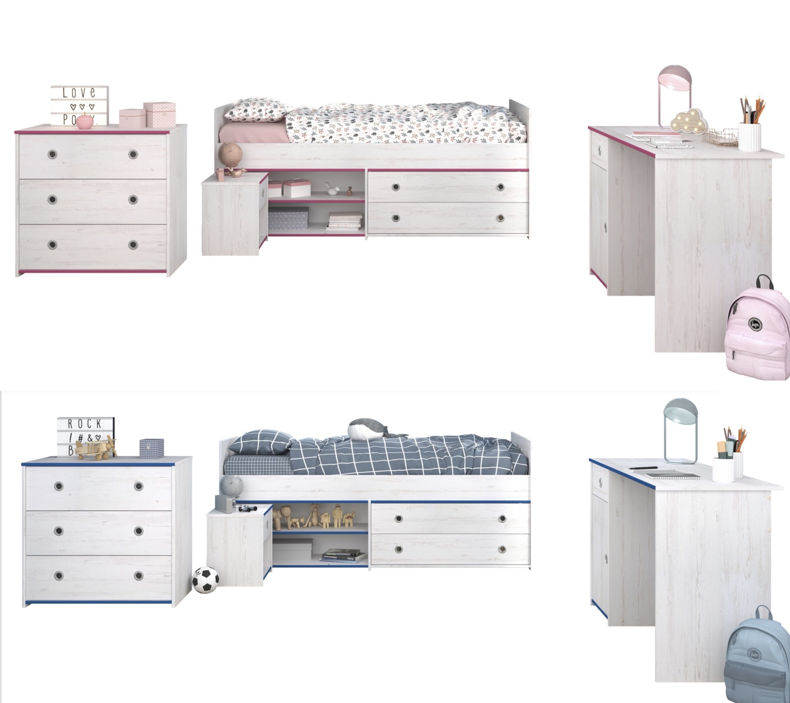 4-teiliges Kinderzimmer SMOOZY 37 - Kiefer-weiß - Kanten drehbar (blau/pink)