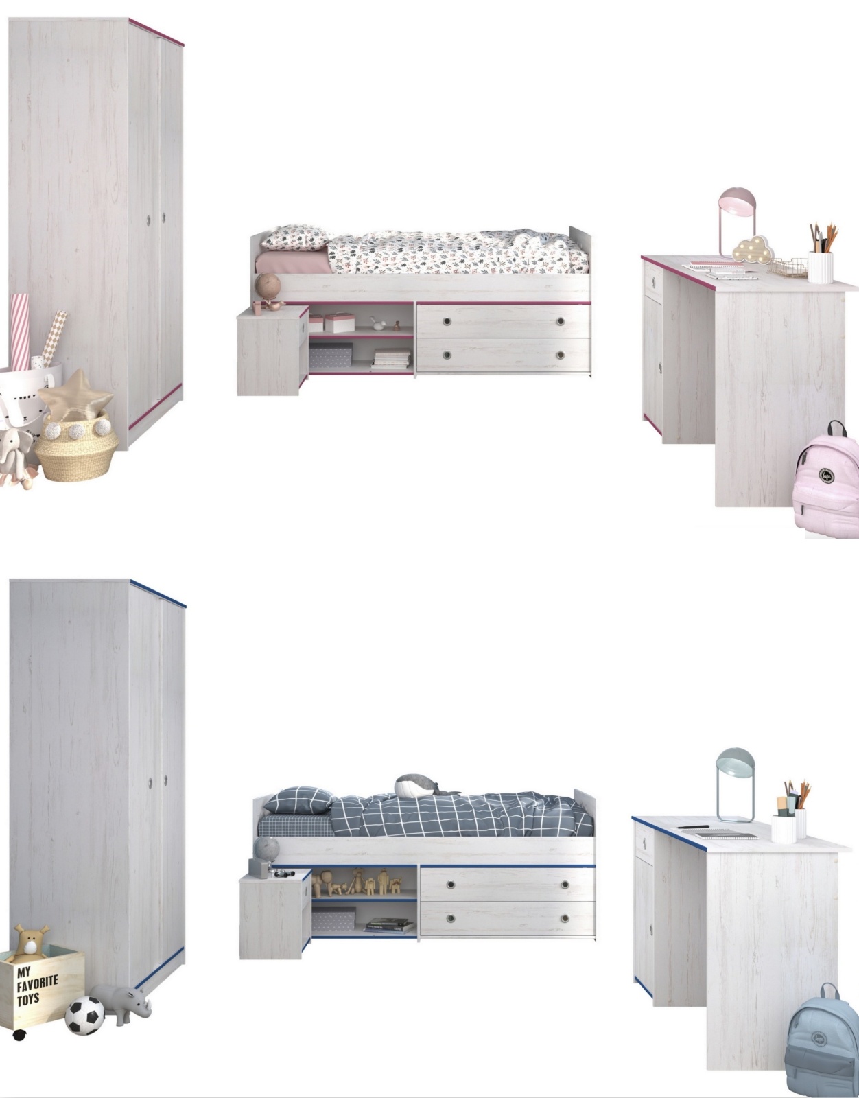 4-teiliges Kinderzimmer SMOOZY - Kiefer-weiß - 90x200 cm