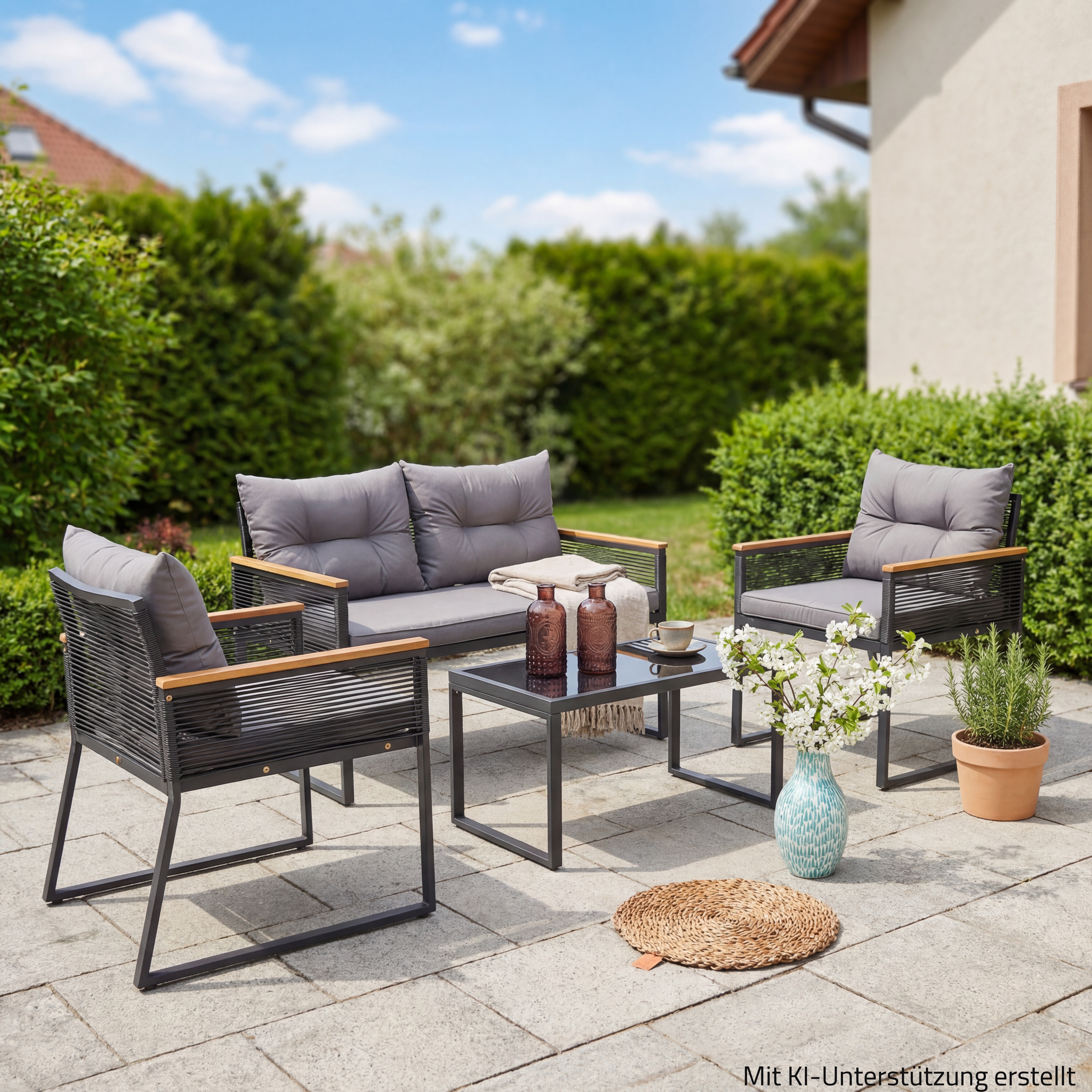 4-teiliges Lounge-Set - schwarz-grau - mit Polstern