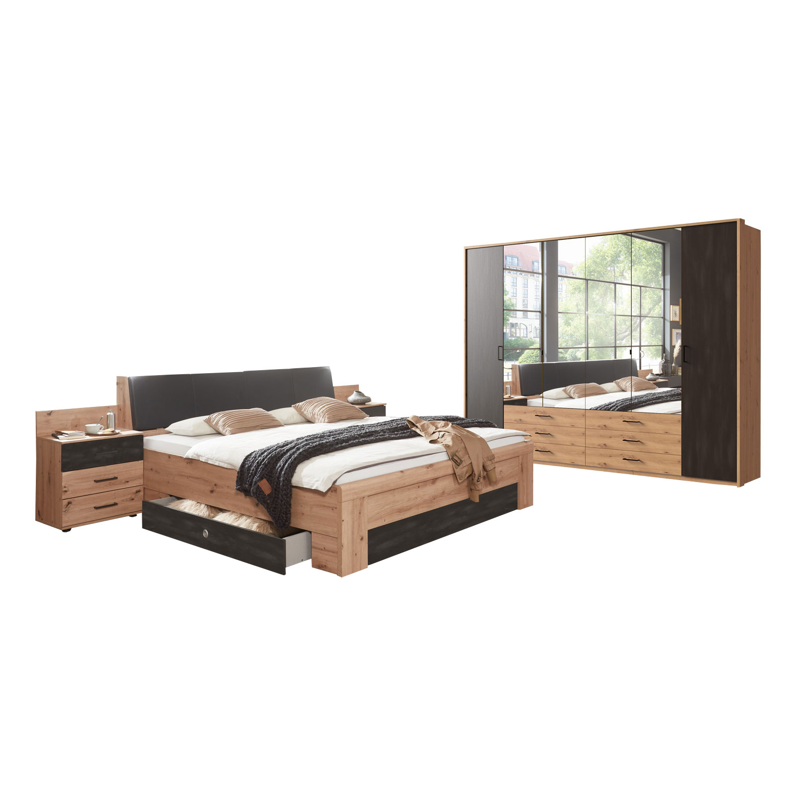 4-teiliges Schlafzimmer-Set - Artisan Eiche - Raw Steel