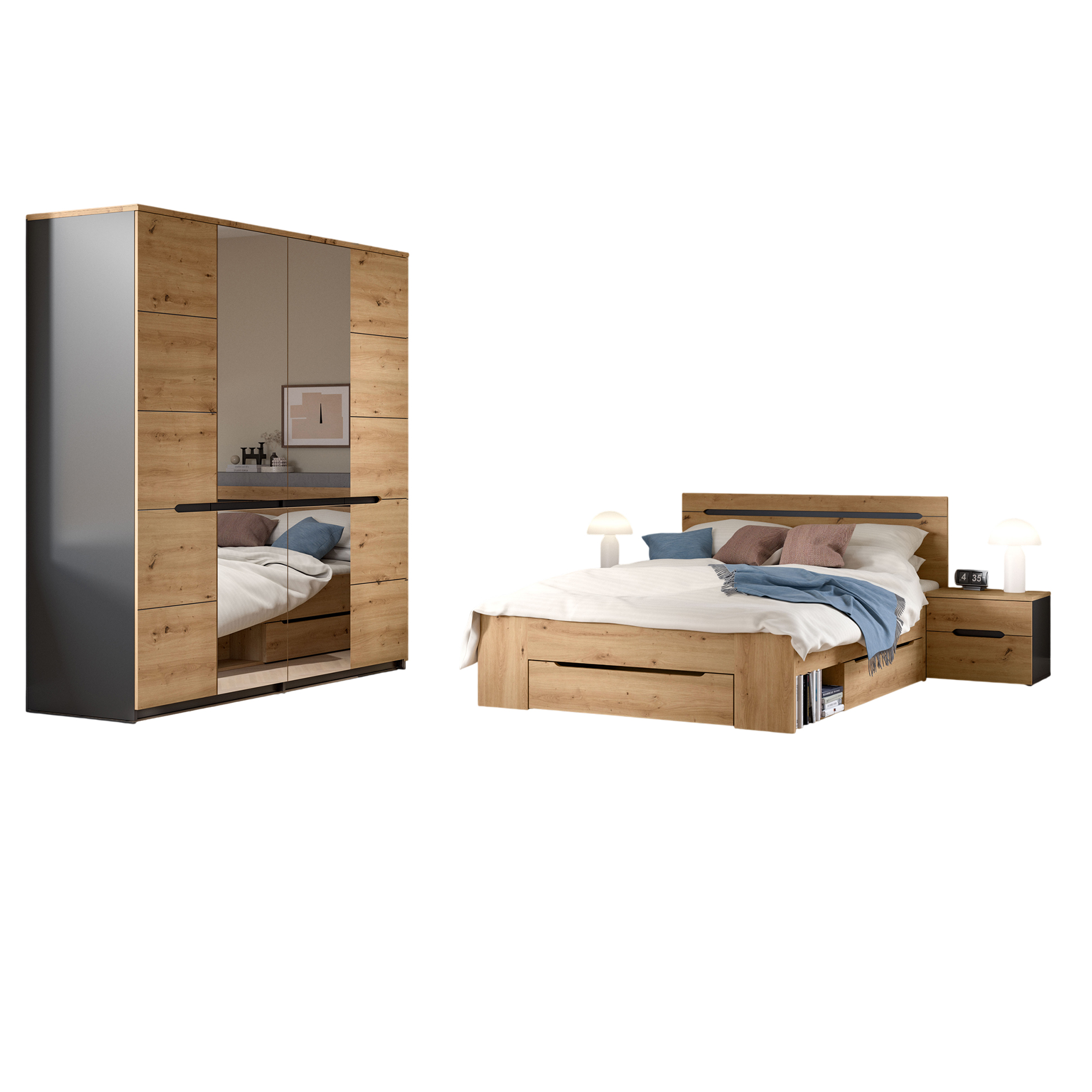4-teiliges Schlafzimmer-Set CANU - Artisan Eiche - basaltgrau - 140x200 cm